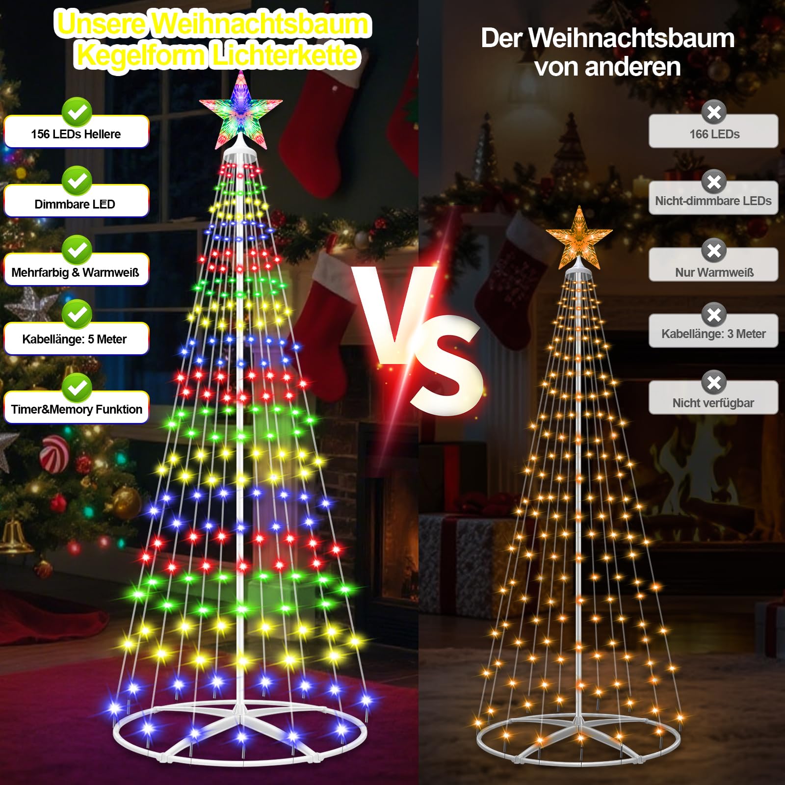 Weihnachtsbaum Metall Groß Kegelform 1.5m 204LED Mehrfarbig&Warmweiß Weihnachtsbaum Außen mit 11 Modi Fernbedienung &Timer, IP65 Wasserdichter Beleuchteter Baum Innen und Outdoor Weihnachtsdekoration