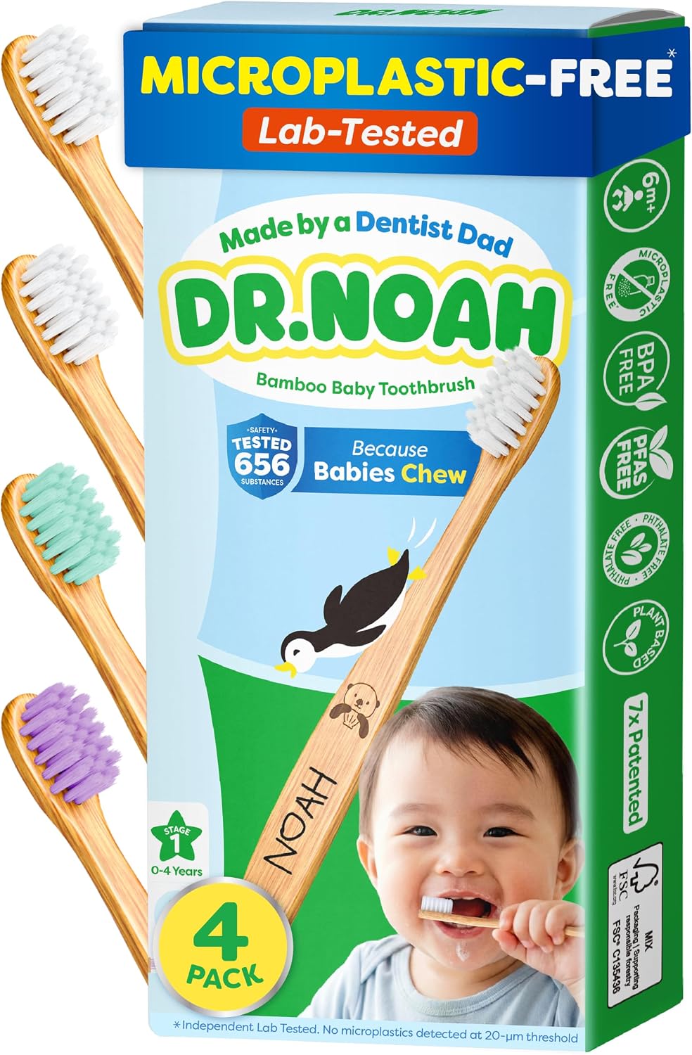Dr. Noah Microplastic-Free Bamboo Baby Toothbrush, Dentist Designed, 4 Pack