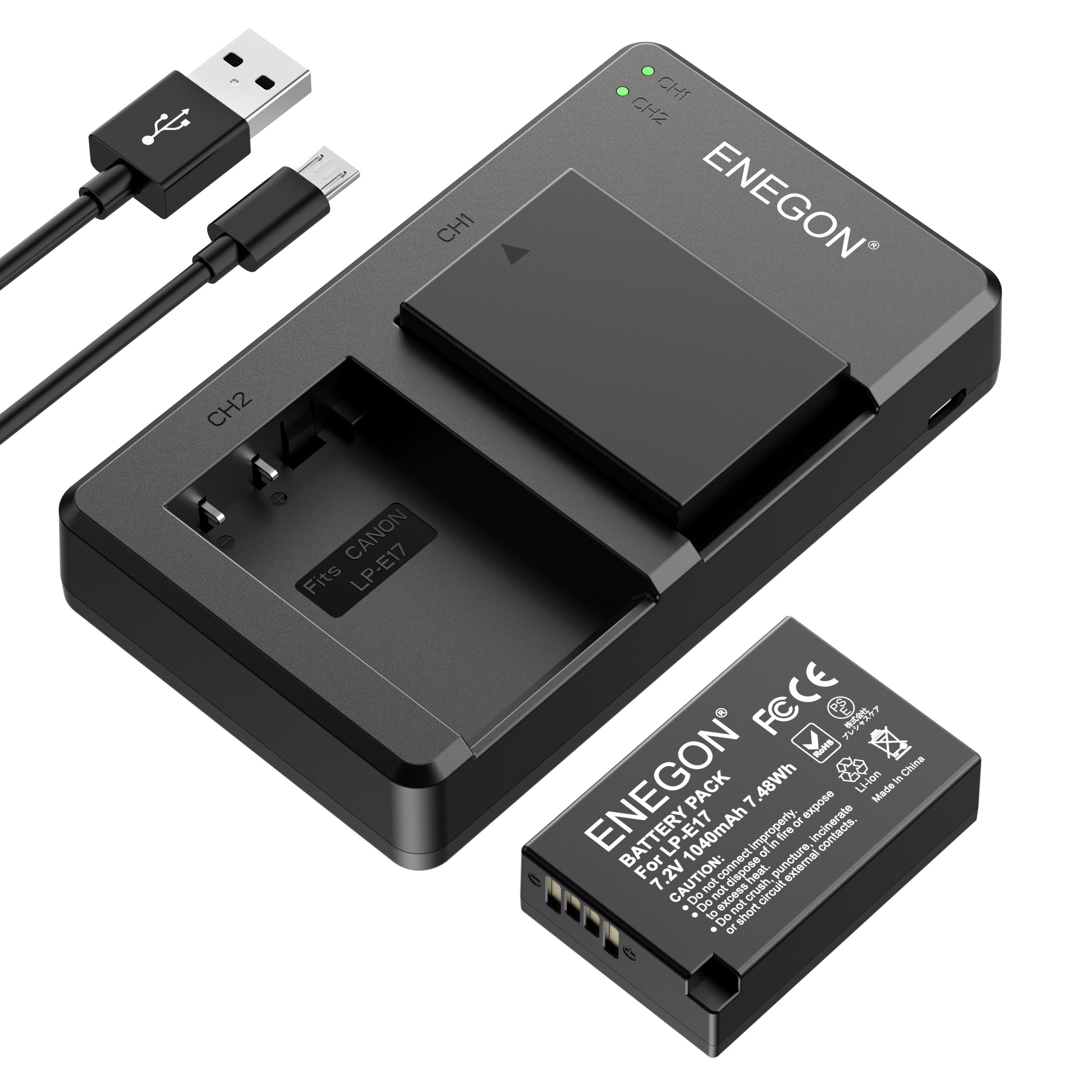 ENEGON 2 Pack LP-E17 Camera Battery 1040mAh with Micro USB Dual Charger for Canon R8, R10, R50, RP, T7i, EOS M3, M5, M6, EOS 200D, 250D, 77D, 750D, 760D, 800D, Rebel SL2, T6i, T6s, Digital SLR Camera