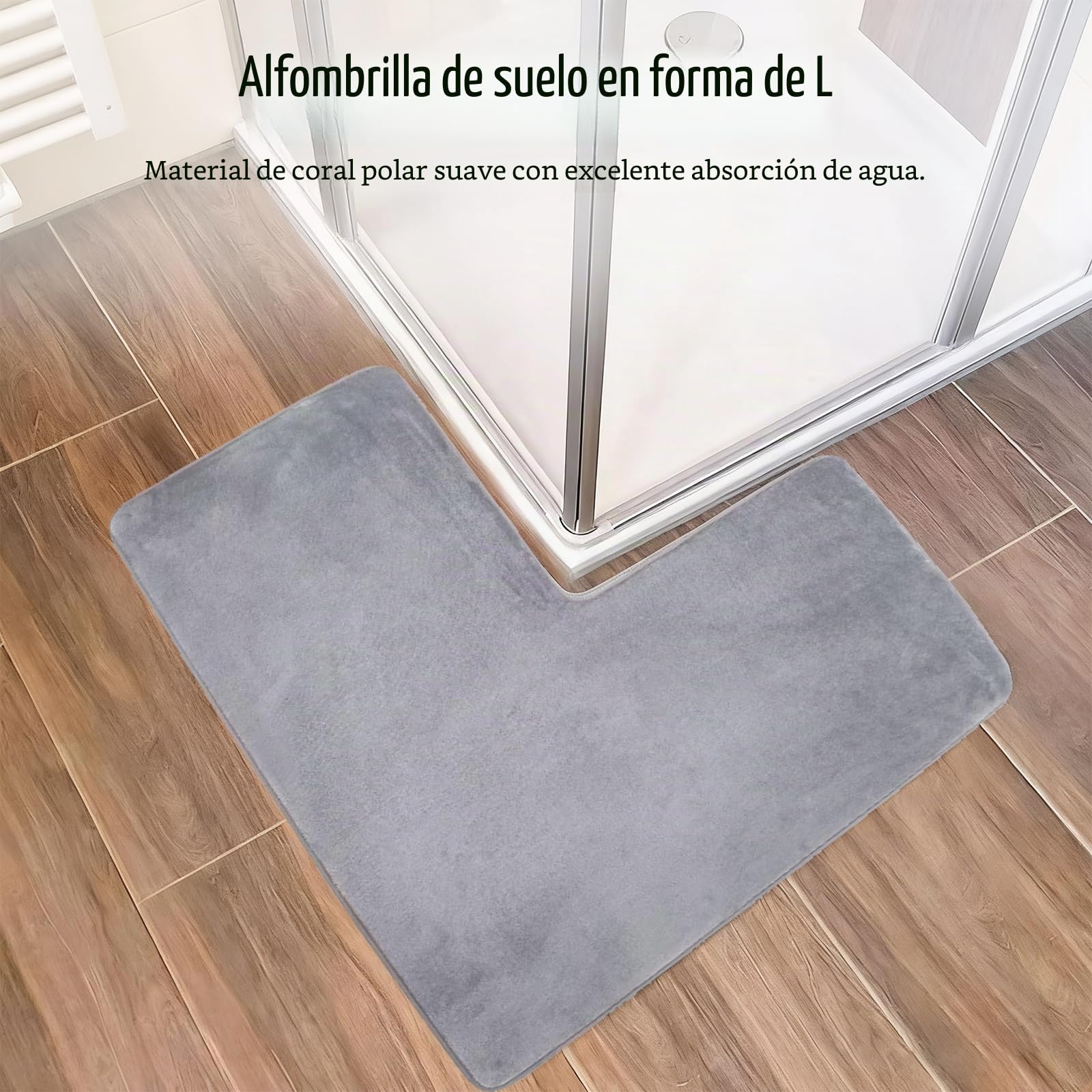 ACESOME Alfombra de Baño en Forma de L, Alfombrilla de Ducha de Esquina, Secado Rápido, Antideslizante, Lavable, 80 x 80 cm, Gris