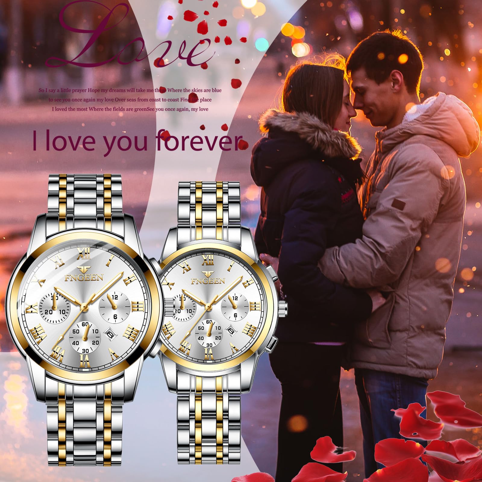 JewelryWe Orologio da Polso da Coppia Impermeabile: da Uomo Donna Cinturino Regolabile in Acciaio Inossidabile con Quadrantini Finti Orologio Numero Romano alla Moda al Lavoro