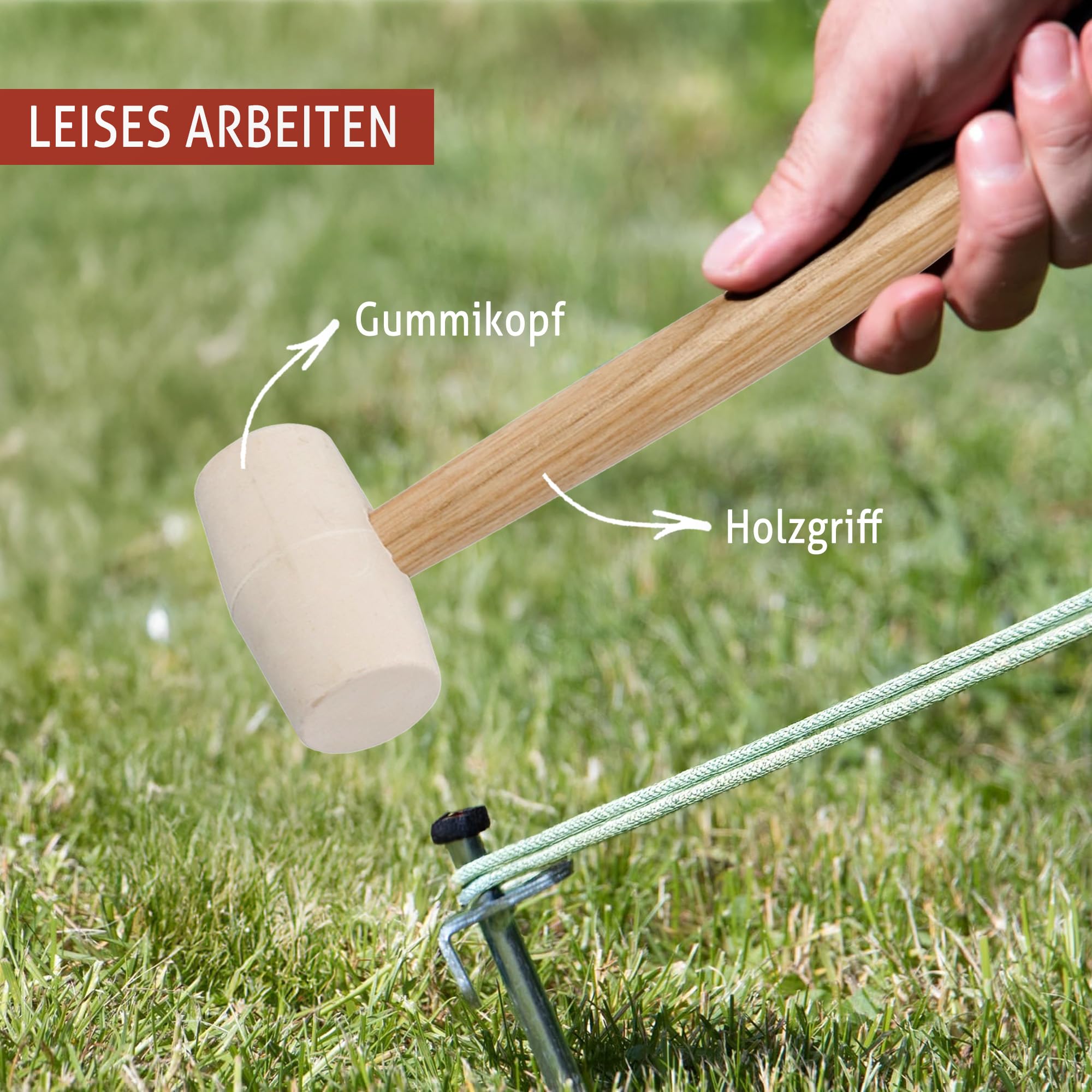Tool & Tree Marteau de camping avec tête en caoutchouc blanc et poignée en bois - Marteau de tente avec crochet pour extraire les piquets - Marteau doux pour la construction de tente, le camping, le