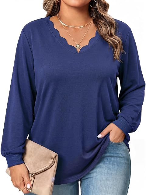 HDLTE HDLTE Plus Size Long Sleeve Shirts for Women Casual V Neck Tops Navy Blue