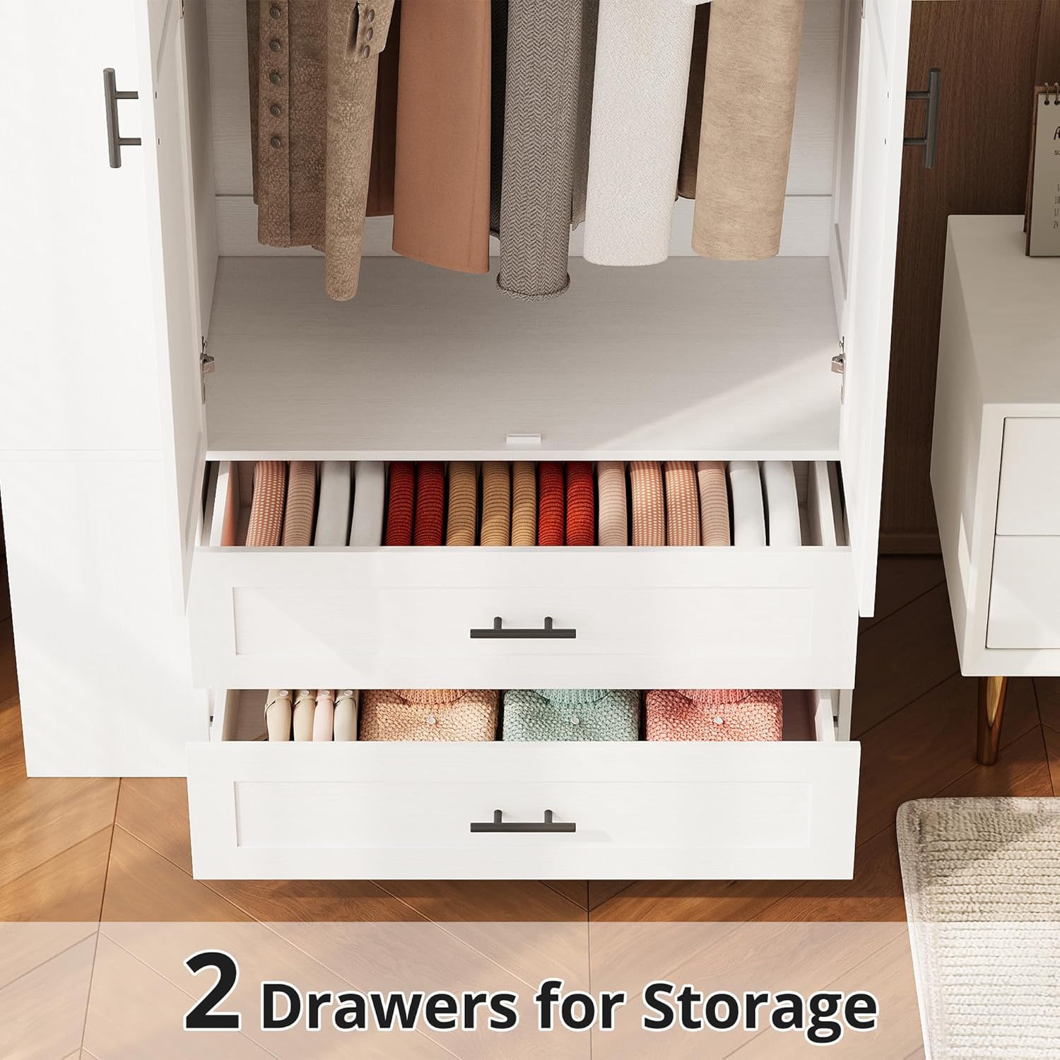 Close-up of the two drawers, one open showing folded items
