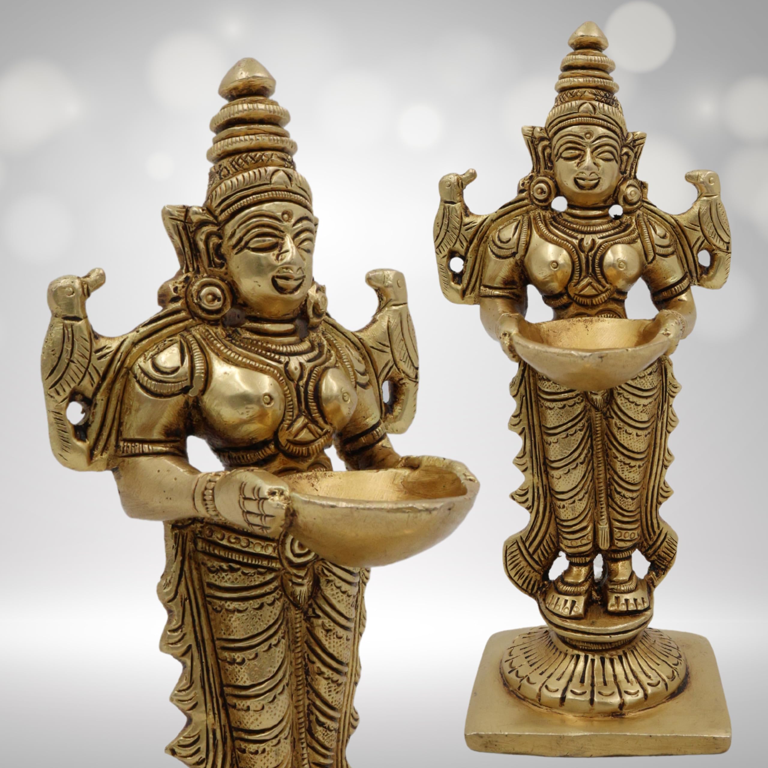 Bhunes Brass Deep Lakshmi Idols, Diya Lady Brass, Depa Laxmi Lady Standing with Lamps, Deeplakshmi, Deep Laxmi,Gold, 6 Inch, 1 Piece