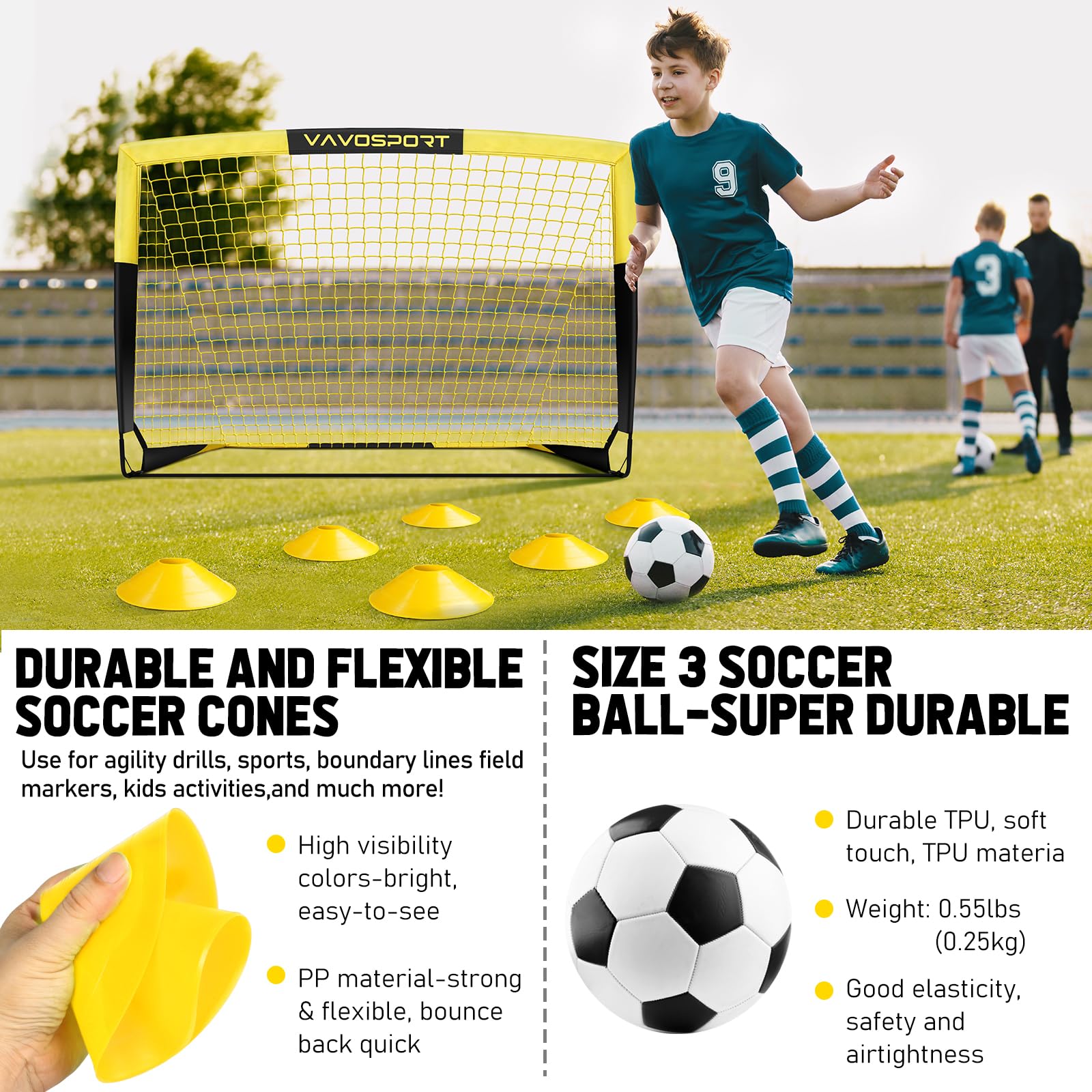 Kids Soccer Goal Set, 2 of 4x3 ft Soccer Goals for Backyard, Portable Pop Up Soccer Nets Training Equipment with Soccer Ball, Cones, Soccer Net for Family Kids Youth Outdoor Sports Games view 5