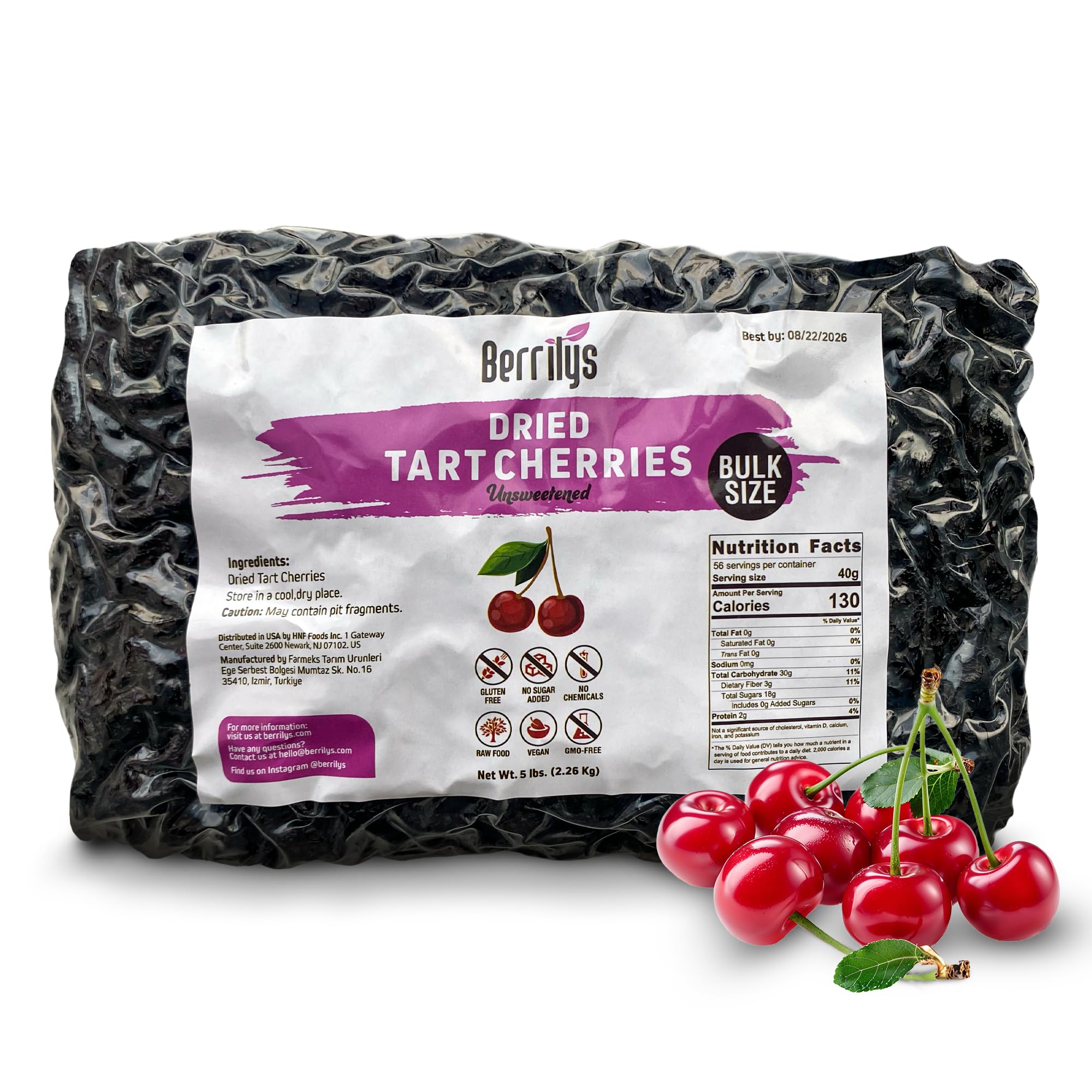 Berrilys Dried Tart Cherries - Sun-Dried Fruit - Pitted - Whole Cherry - No Added Sugar - Baking, Cooking, Dessert, Trail Mix, & Snacking - Perfect for Recipes and Culinary Uses - Unsweetened - 5 LB