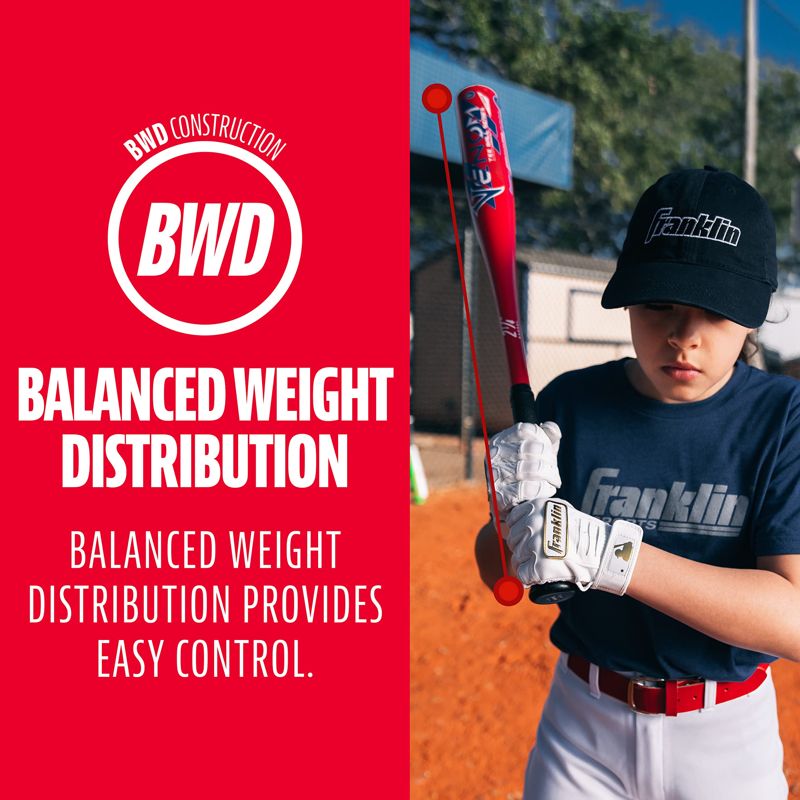 Franklin Sports B isbol para ni os + Bate de Teeball Venom Youth Aluminio Bat Certificado de Estados Unidos para ni os + Ni as Tee Ball Bat Bate de Metal Junior 26 pulgadas/13 oz Rojo