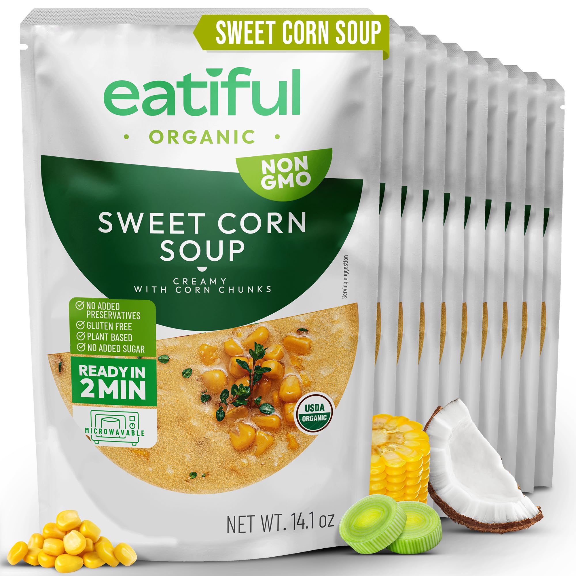 EATIFUL Sopa de Maíz Dulce, Sopa Cremosa de Maíz Dulce Lista Para Comer Con Trozos de Maíz, Elaborada con Verduras Ecológicas, de Origen Vegetal, sin Gluten y OMG, 400g (Paquete De 10 Unidad)