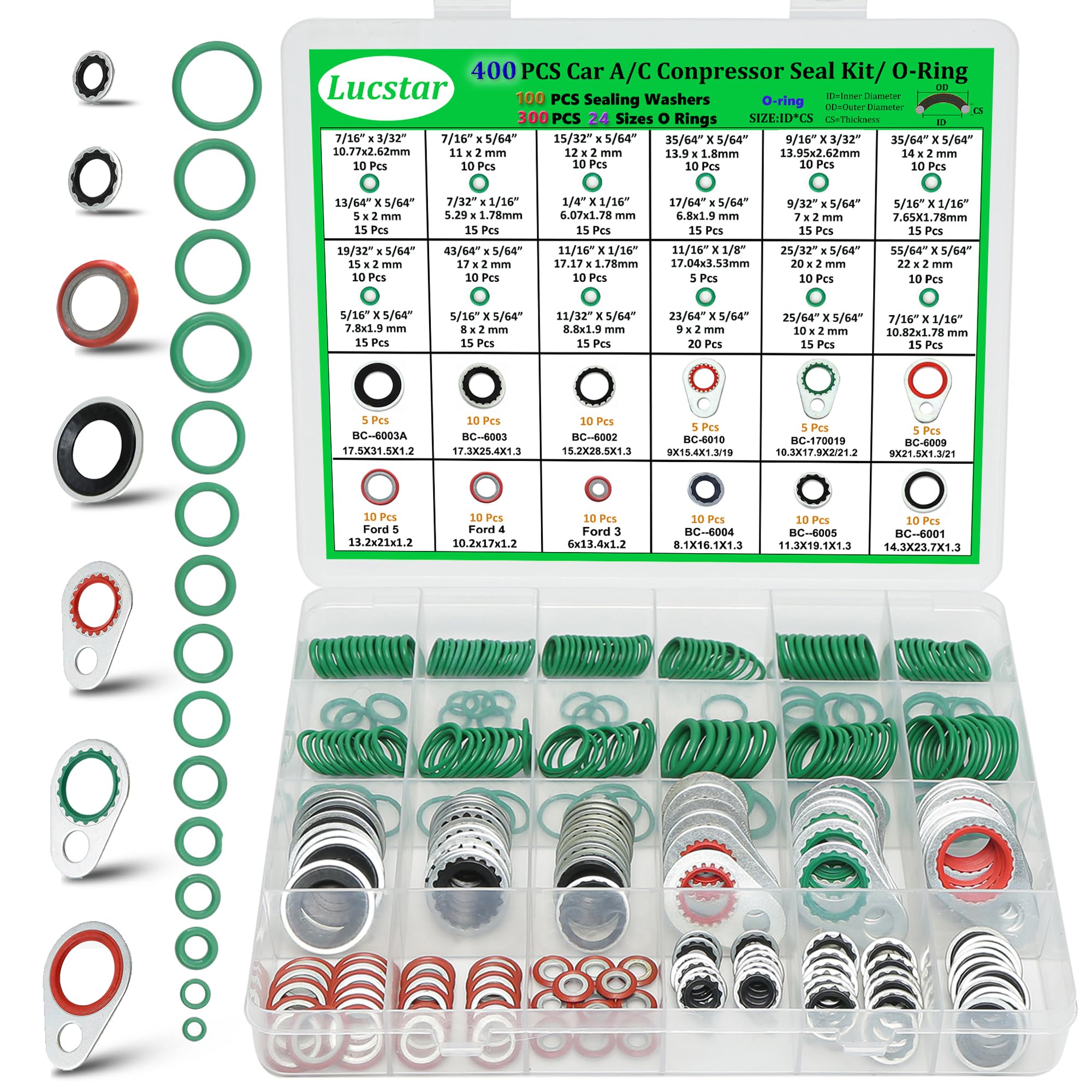 Lucstar 400Pcs AC O Ring Kit, A/C Compressor Seal Kit Gasket，Automotive Replacement Air Conditioning Compressors Port Sealing Washers, O Ring