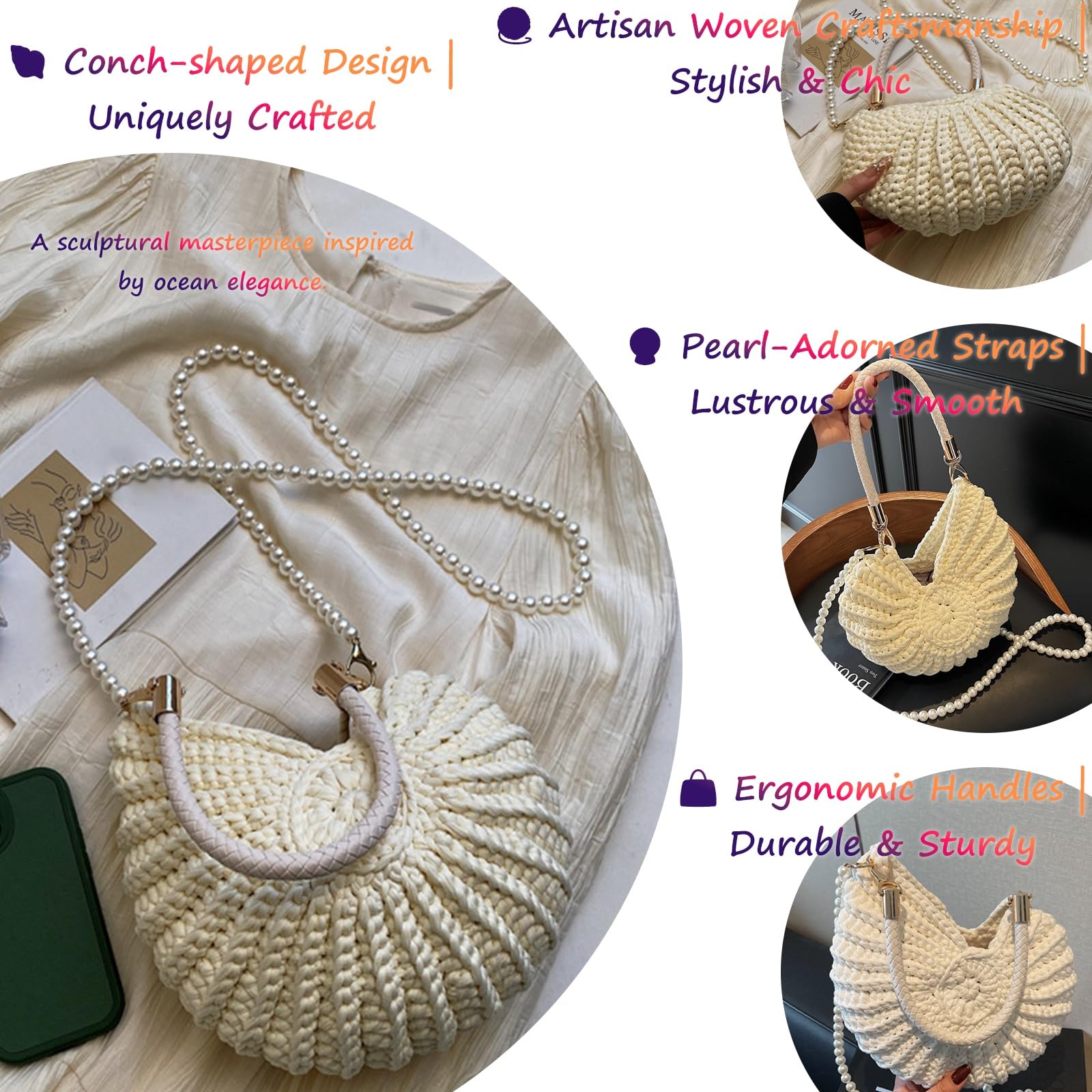 Bolso Bandolera de Crochet Artesanal en Forma de Concha con Correa de Perlas, Asa de Cuero y Herrajes Dorados, Clutch Boho Diseño Concha, Tote de Playa para Vacaciones de Verano