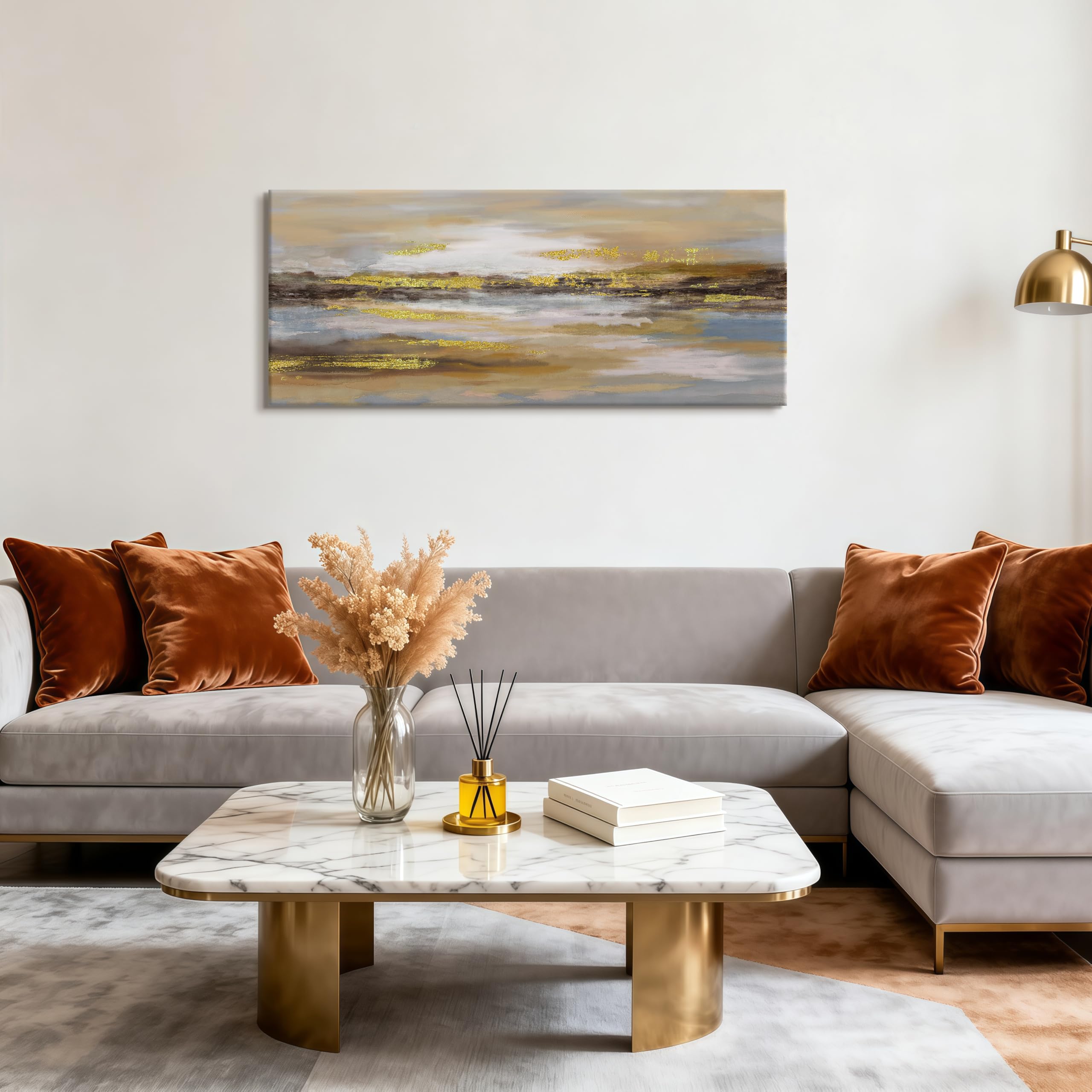 Abstrakt Neutral Großes Leinwand Bilder Mit Rahmen Minimalistisch Goldfarben Braun Bild Auf Leinwand Wandkunst Modern Nordisch Grau Blau Wandbilder Kunstdruck Deko für Wohnzimmer Schlafzimmer 120x50cm