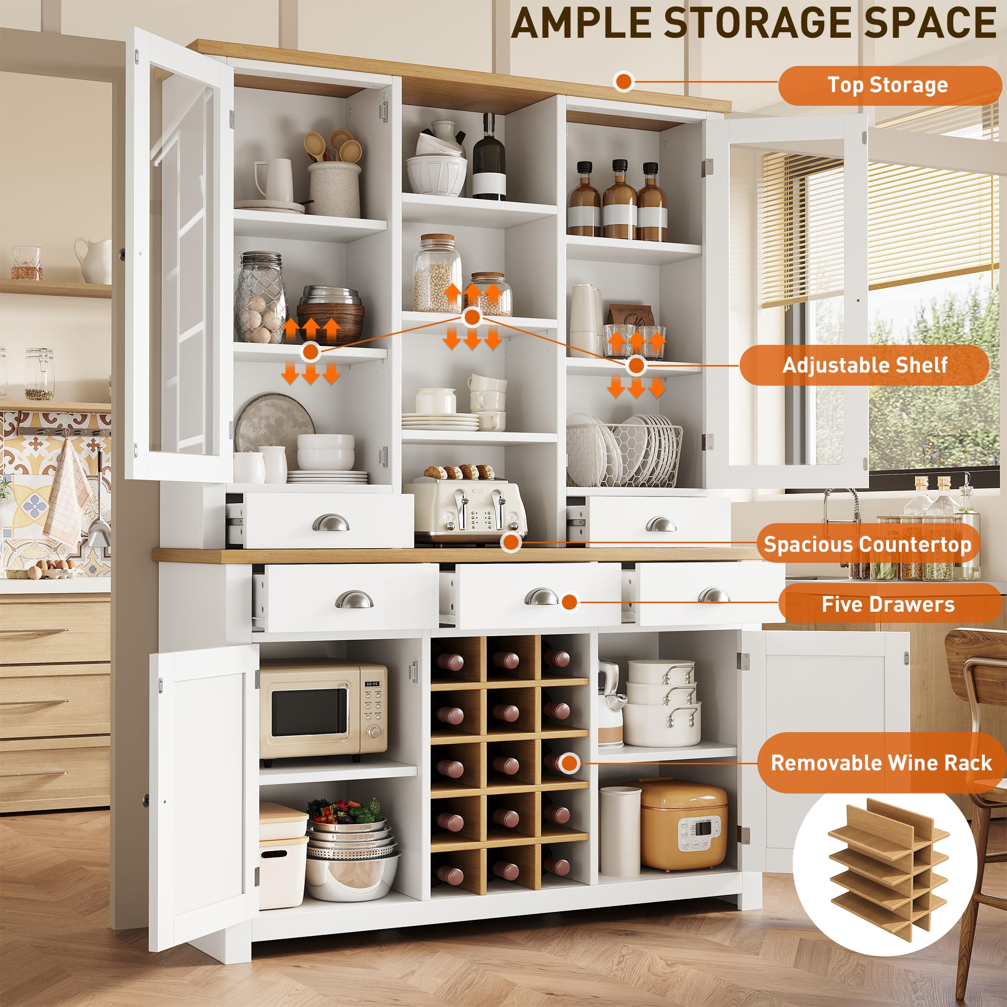 Alacena de Cocina Versátil con Botellero Desmontable y Dispositivo Antivuelco, Armario Cocina con 5 Cajones y 4 Puertas, Aparador Cocina con Estantes Abiertos, 120x40x185 cm, Blanco