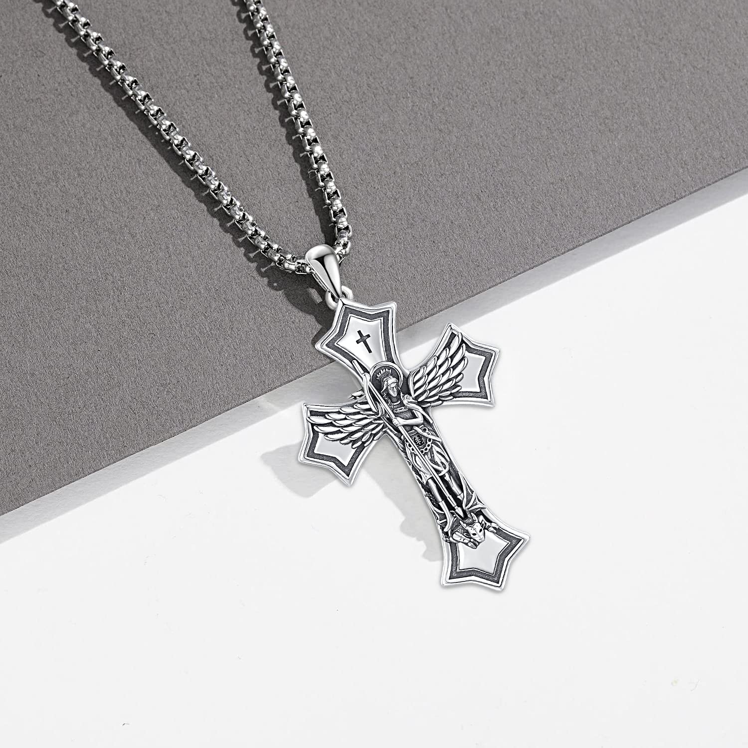 Collier Saint Michel/Saint Christophe/St Benoît Croix en Argent Sterling 925 Archange Pendentif Médaille Religieux Amulette Protection Bijoux pour Homme Femme