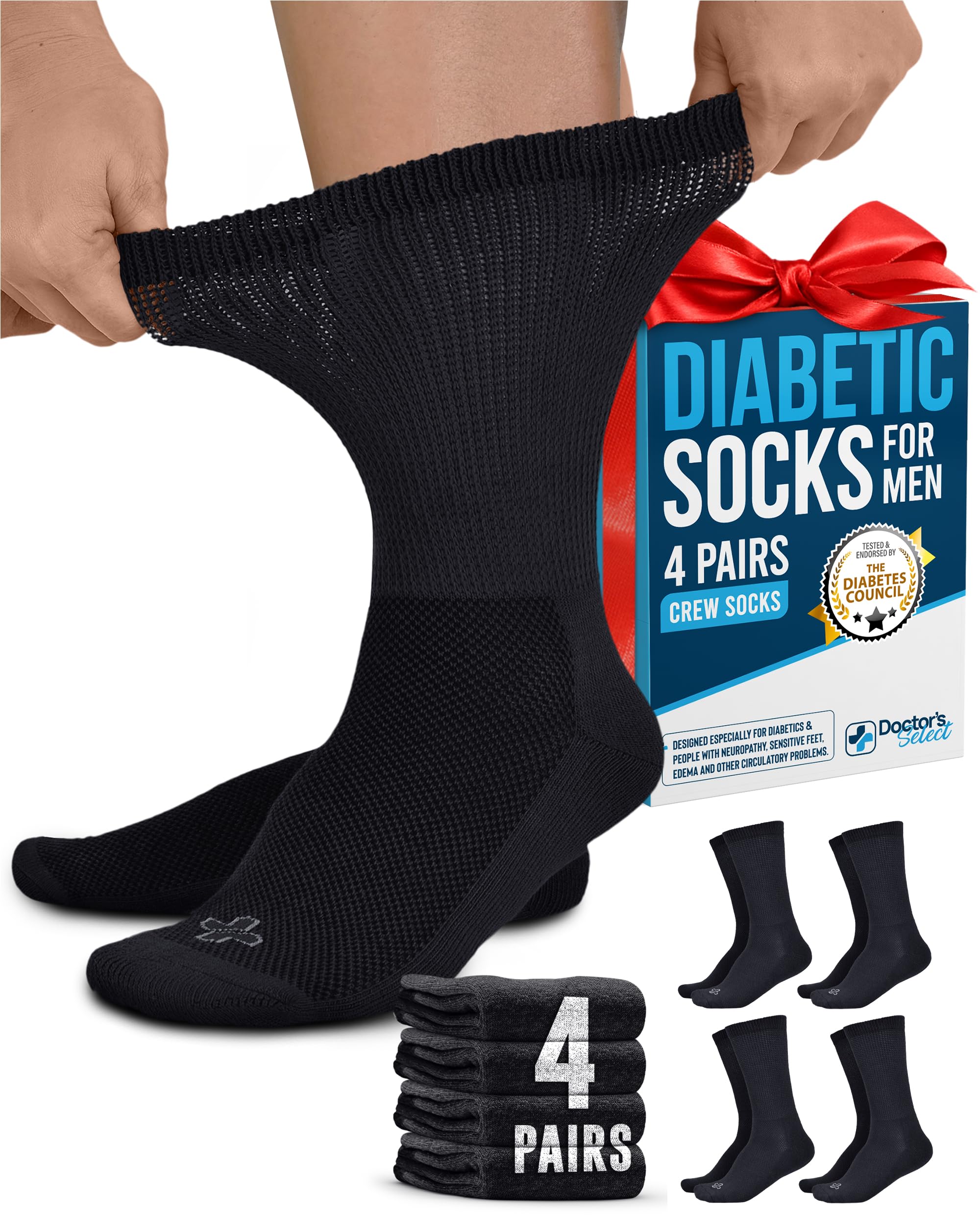 Doctor's Select Diabetic Socks for Men - 4 Pairs Crew Diabetic Neuropathy Socks for Men | Diabetic Socks for Men 9-12