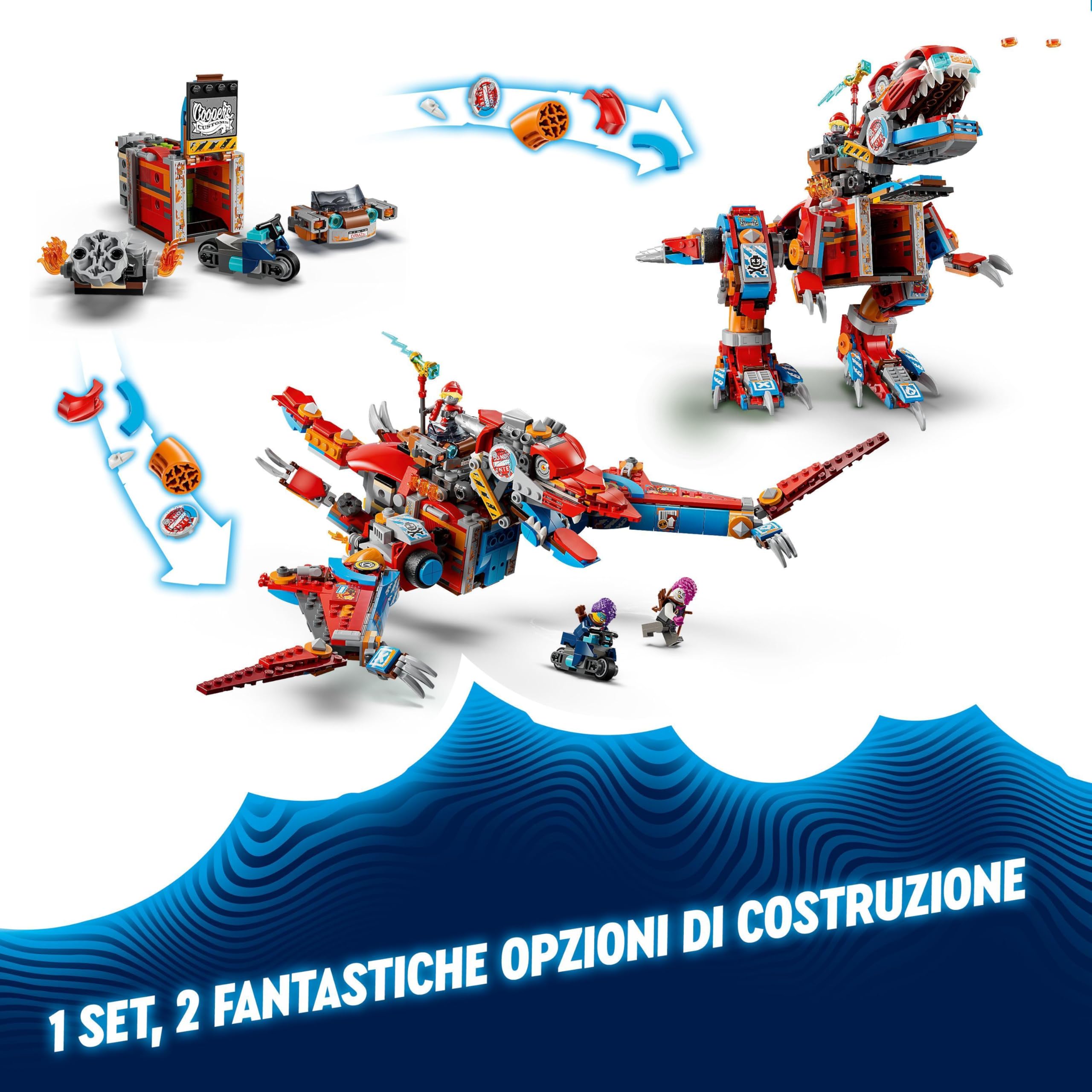 LEGO DREAMZzz 2 in 1 Dinosauro Robot C-Rex di Cooper, Action Figure di T.Rex Giocattolo Trasformabile in Pterodattilo con Parti Snodabili e 4 Minifigure, Giochi Creativi per Bambini e Bambine 71484