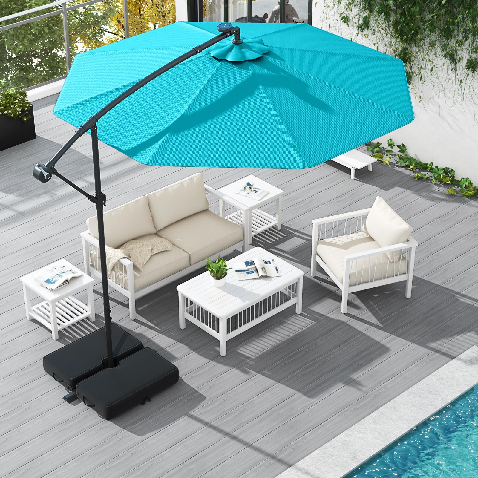 RELAX4LIFE Sombrilla Terraza 3x3m con 40 Luces LED Solar, Sombrilla Inclinable con Base en Cruz, Manivela Manual y 2 Sacos de Arena, Protección Solar, Parasol para Jardín, Terraza y Patio