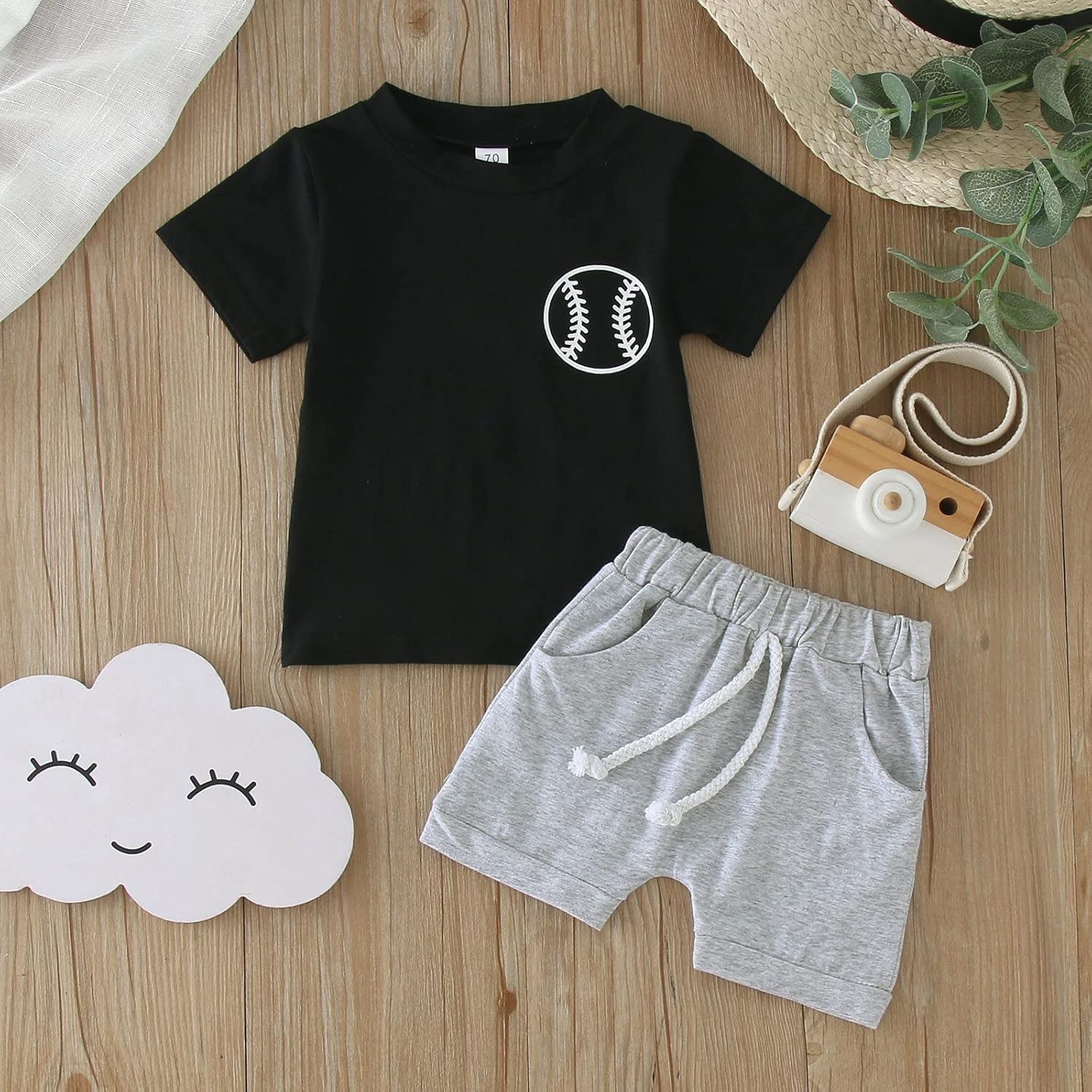 2024 Sport Clothes for Baby Kids Boys Girls Short Sleeve Baseball Print T Shirt Pullover Tops Shorts Outfits 18-24 Months Black image 3 of 3 B0CS6H97LC