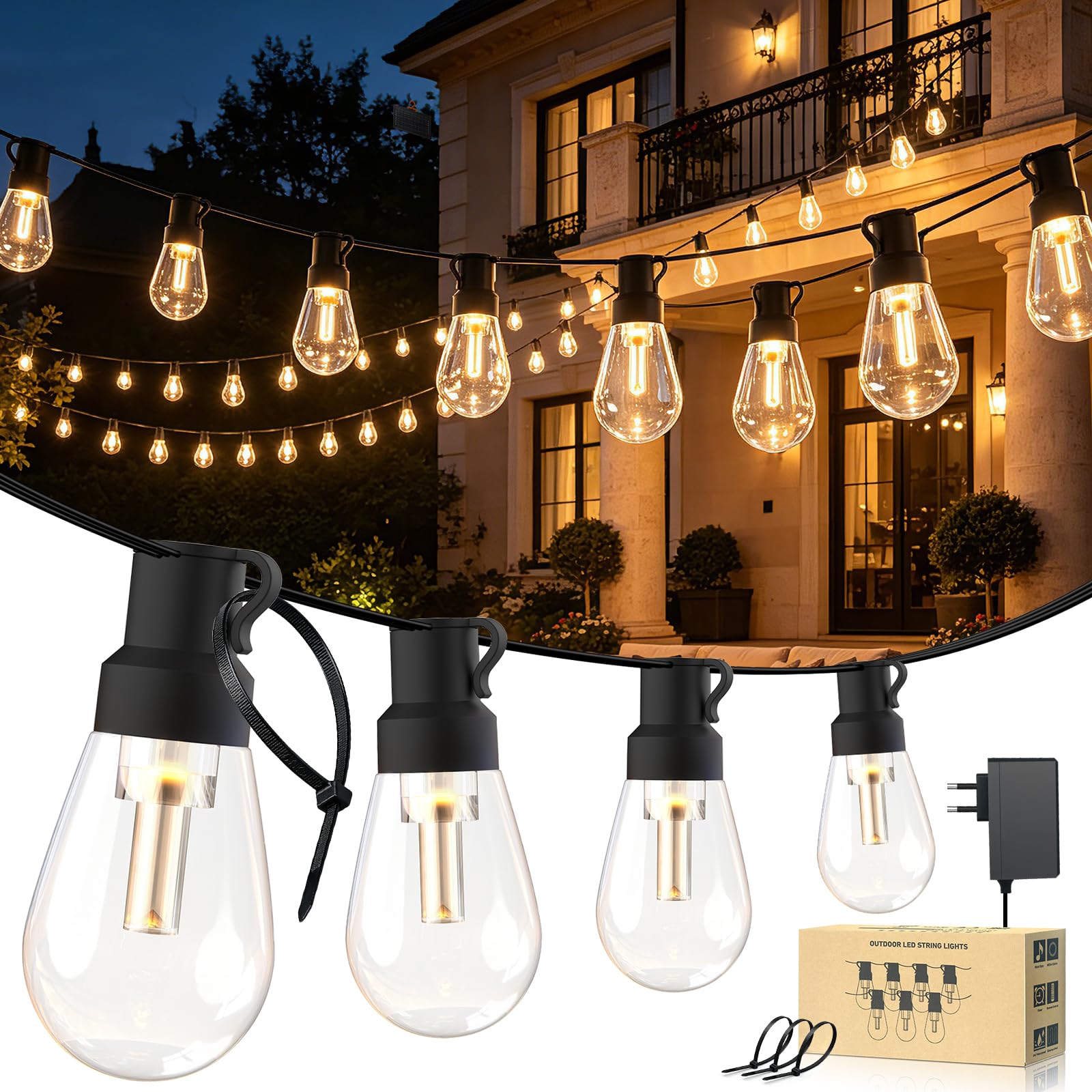 24V Tira LED para exteriores [50 LEDs/60M, blanco cálido], luz de jardín impermeable IP67, tira de bombilla esférica PC irrompible con gancho en S, decoración para hogar y jardín