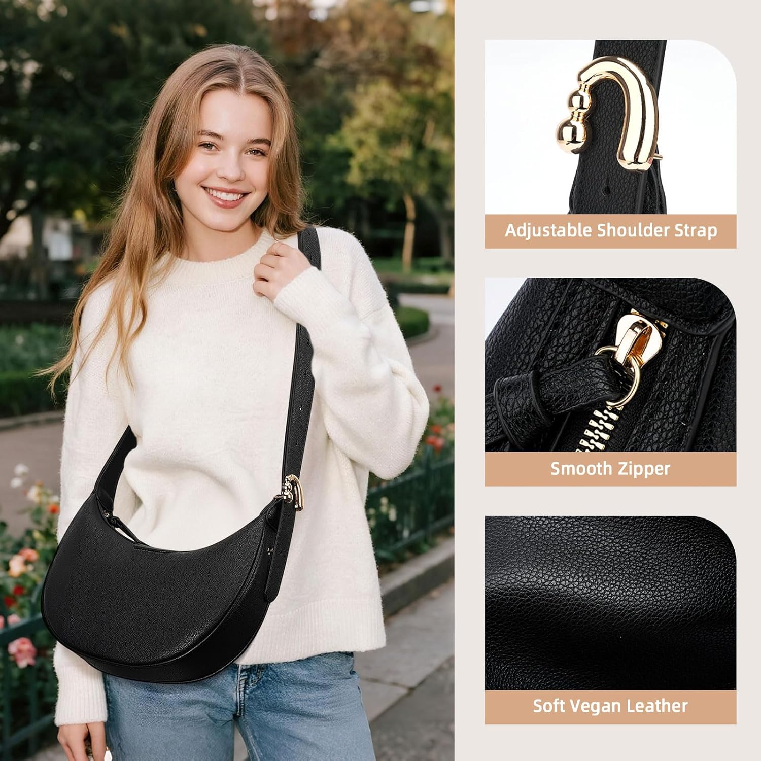 Crescent Shoulder Bag for Women, Small Vegan Leather Crossbody Purse Hobo Handbag with Adjustable Strap for Travel - Image 3