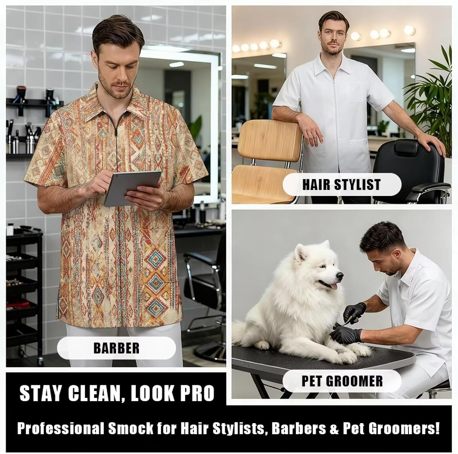 Women Men Barber Work Coat Waterproof Fabric Salon Stylist Tunic Uniform with Pockets for Hairdresser Vet Pet Groomer