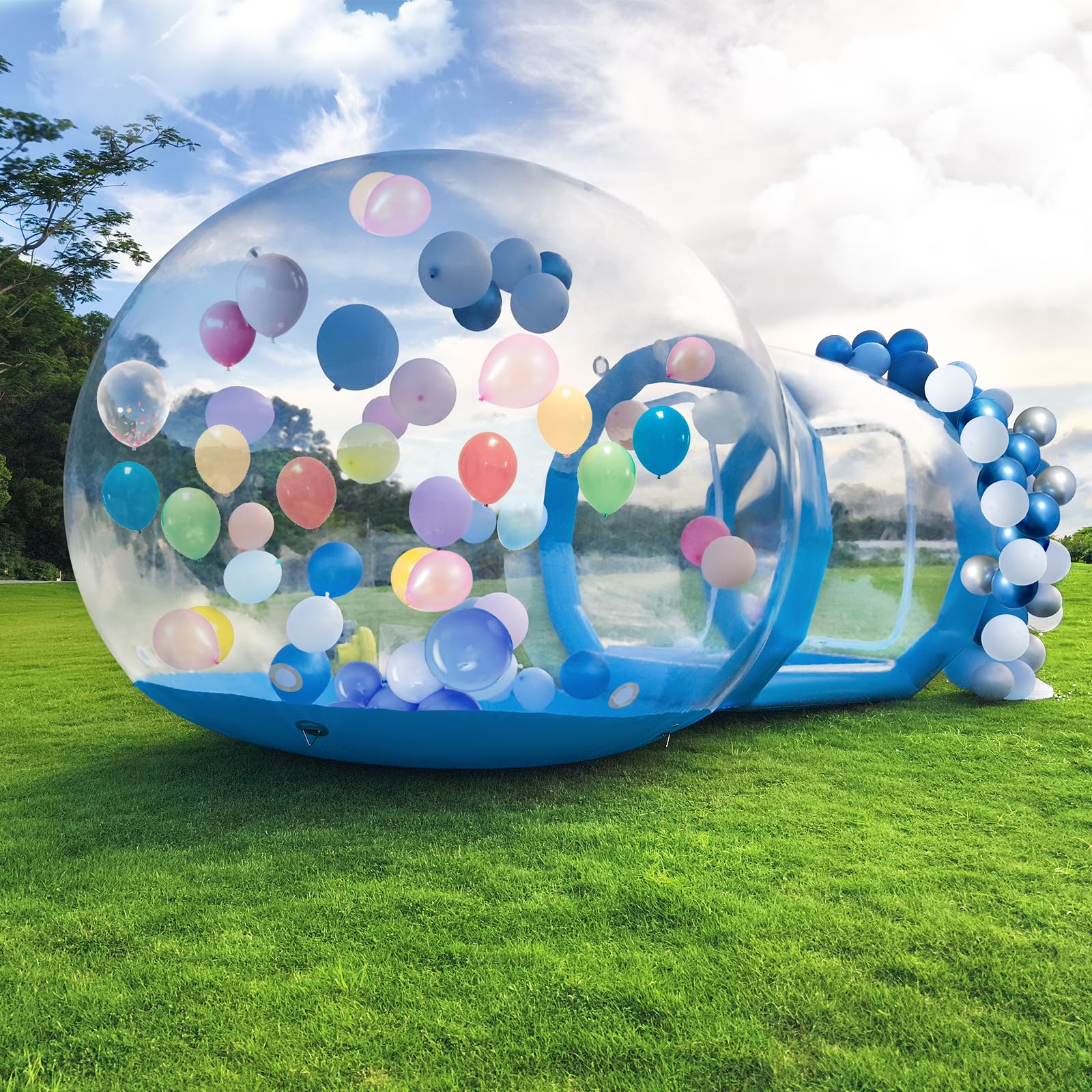 10FT-Single Layer Inflatable Bubble House Dome for Kids Clear PVC Balloon House with Tunnel 750W Air Blower and 600W Air Pump Perfect for Parties Yard