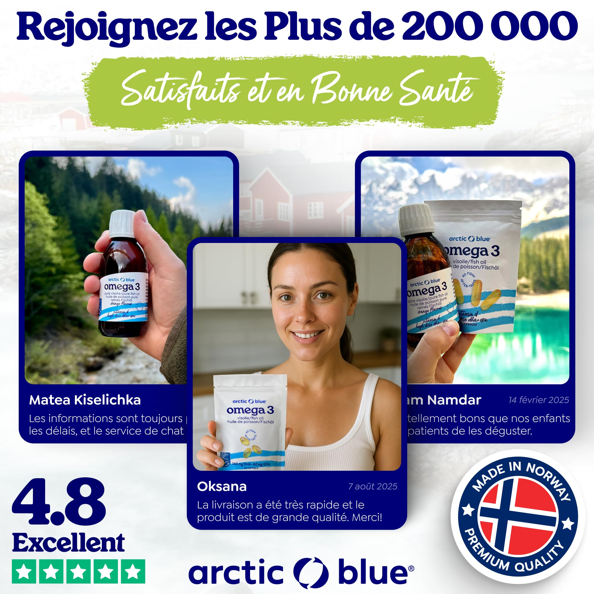 Arctic Blue Oméga-3 Huile de Poisson Liquide 250 ml — 450 mg de DHA + 380 mg d’EPA + 10 µg de Vitamine D3 par 5 ml — Huile de Morue Arctique MSC, Saveur Orange Douce, Pureté Maximale