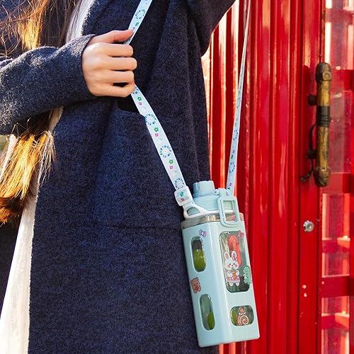 Miniatura 3 de Lindas botellas de agua con popote Kawaii para niñas, botella de agua portátil a prueba de fugas sin BPA con correa ajustable para el hombro y