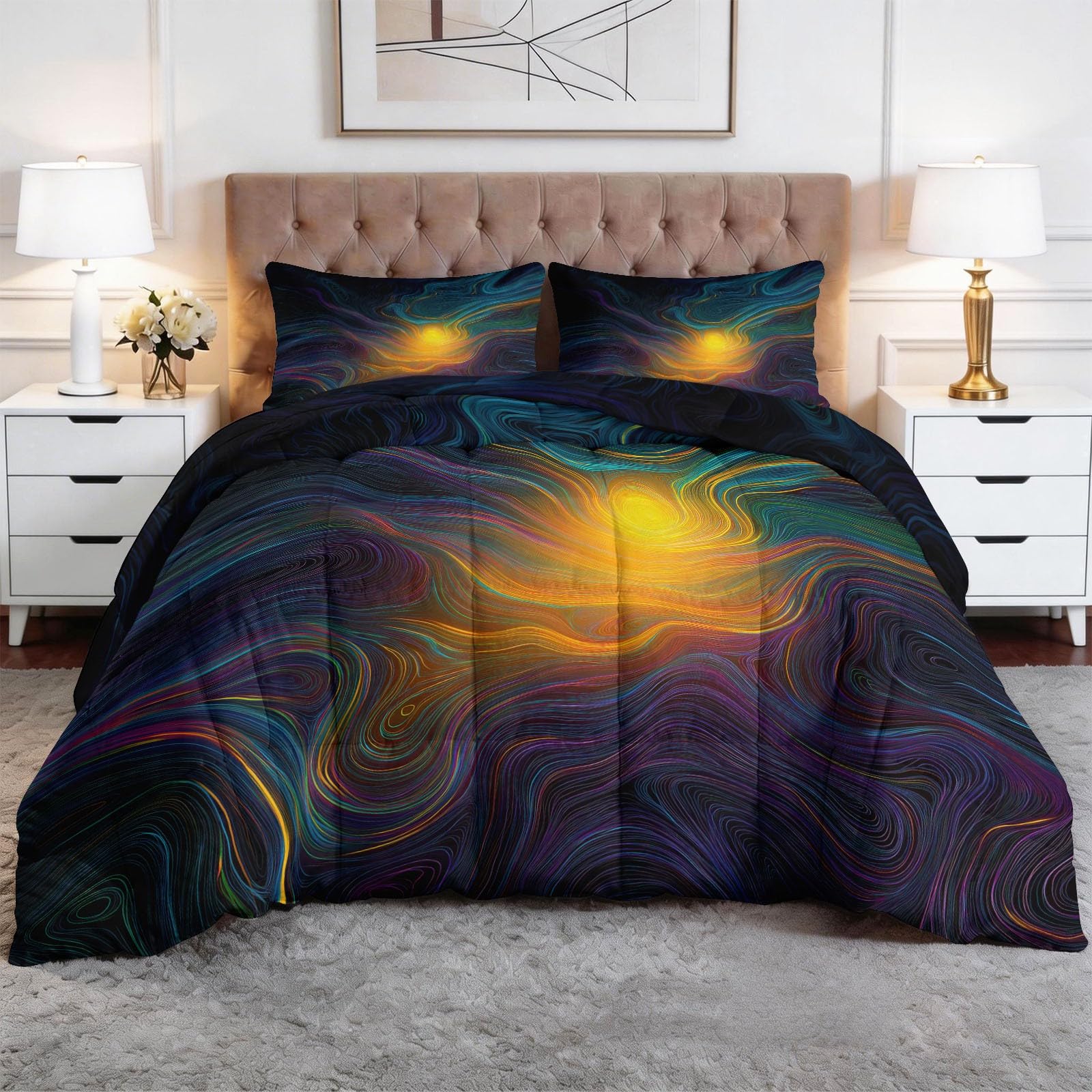 Niebiesko-fioletowa kołdra 4 pory roku 240 x 260 cm Zestaw wszystko w jednym z 2 poszewkami na poduszki - Zintegrowana kołdra z oddychającej mikrofibry - Druk 3D i pikowanie w romby - Technologia