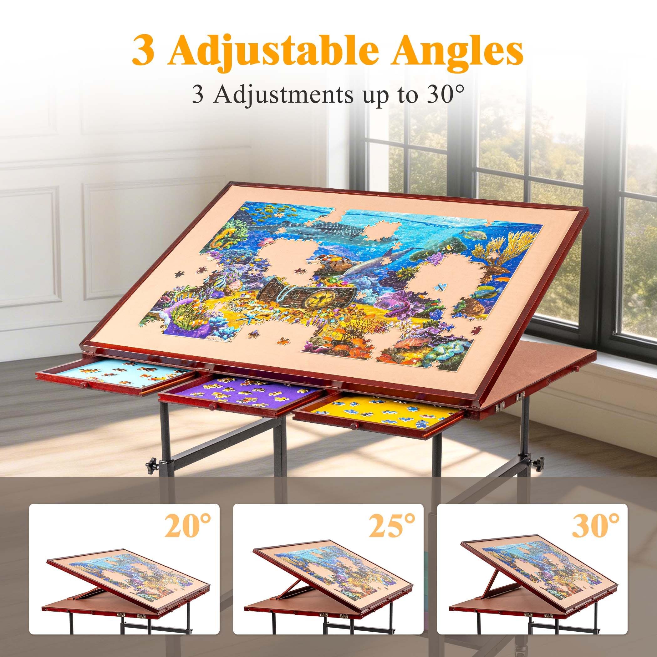 1500-teiliger Puzzletisch mit 5 Schubladen und Abdeckung, kippbare Puzzleplatte auf Rollen, 3 Neigungswinkel und Höhenverstellung, Getränkehalter und Halterung für Puzzlebox (schwarz)