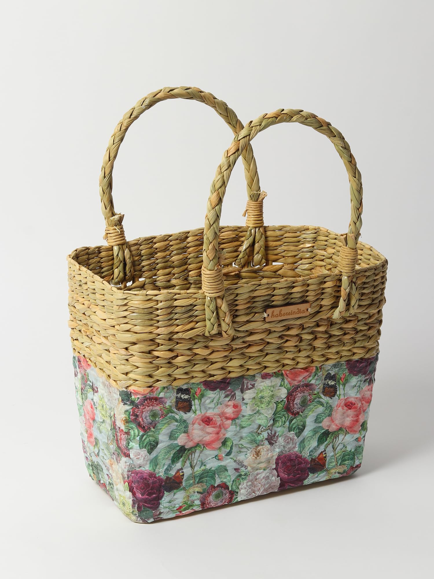 Habere India-All the Cultures Fabricating India Wicker Lunch Basket | Picnic Baskets | Cane or Jute Baskets | Seagrass Rectangular Shopping Basket - Multi (Design 03) 2