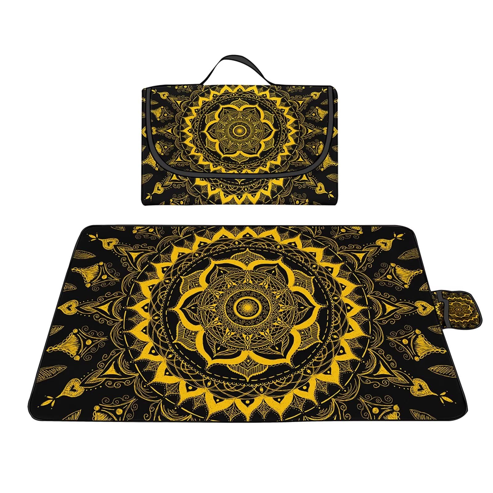 Manta Picnic Impermeable 200x300cm,Lavable Picnic Blanket,Ultrasónica Mantel Picnic,con Mango Multifunción para Acampar Playa Parque de Senderismo,Mandala Amarillo