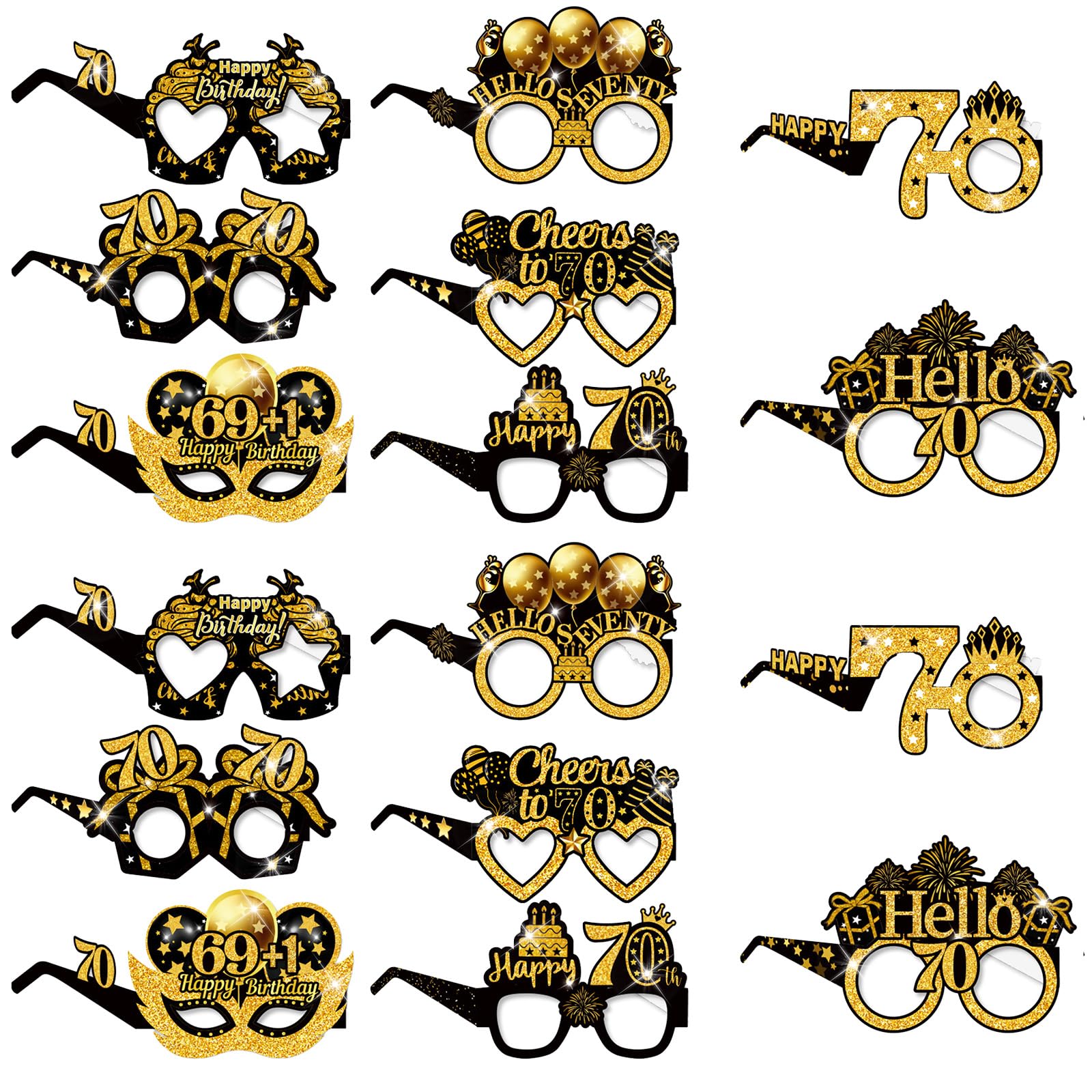 Vxcvzv 70th Birthday Glasses,16Pcs Paper Novelty 70th Party Glasses, Happy Birthday Photo Booth Props for Men Women Birth day Decoration Supplies for Men Women (Gold-70th)