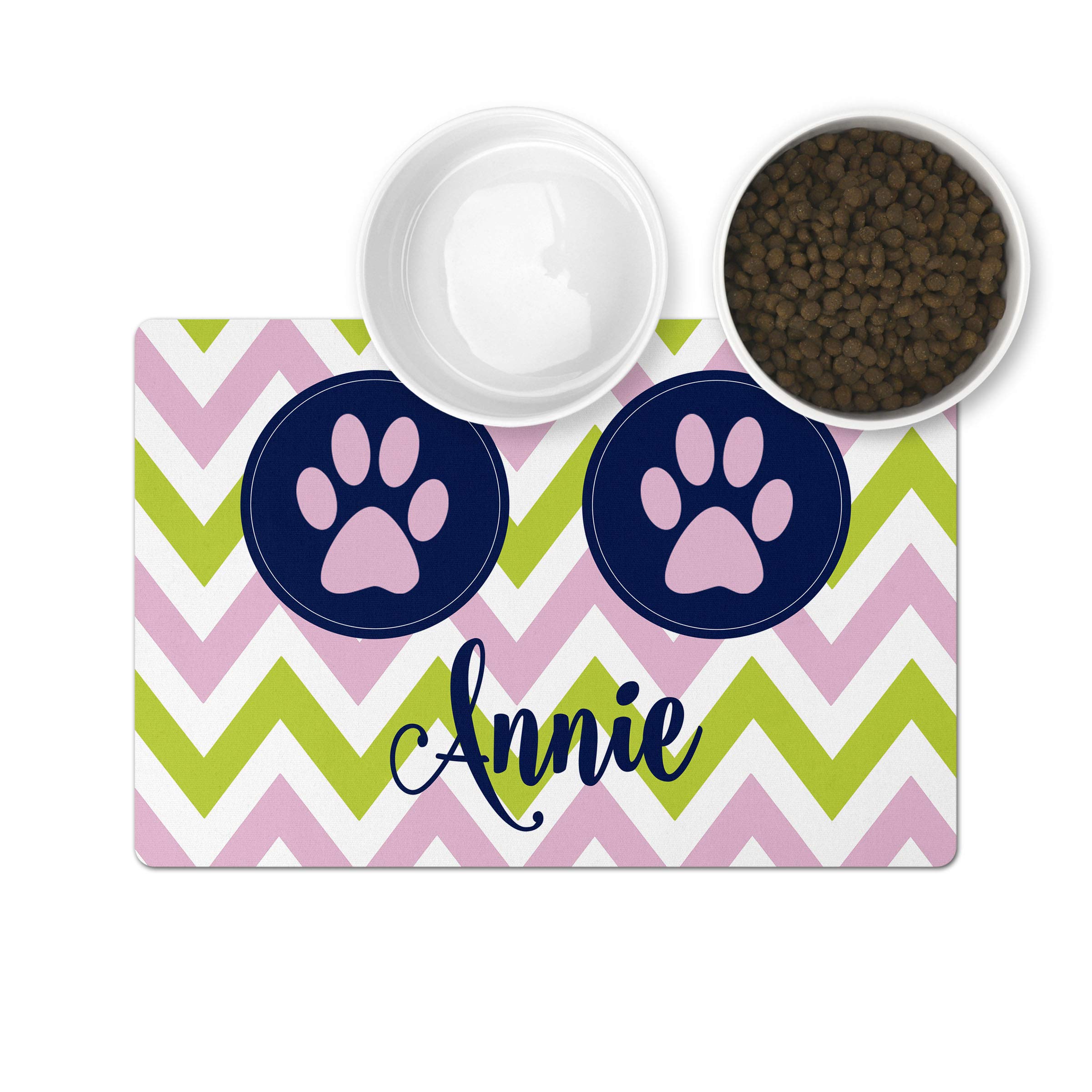 The Navy Knot Personalized Pet Mat - Neoprene, Sturdy & Non-Skid Back - Cats & Dogs Feeding Mat - Petfood, Water & Dish Bowl Pad - Edge Corner Utility Placemat (10x16, Green and Pink Chevron)