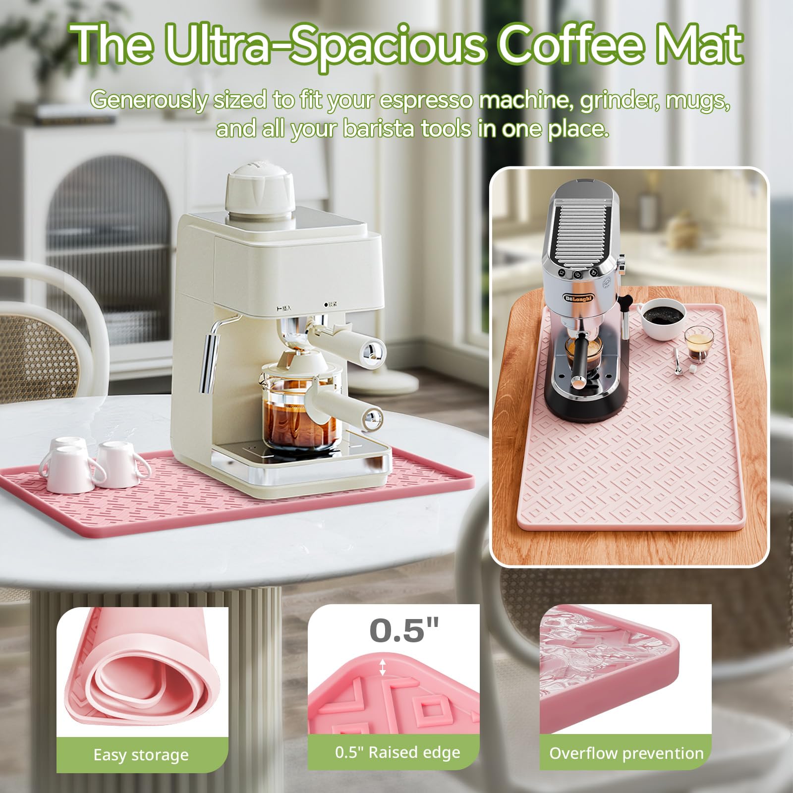 Silicone Coffee Mat 19" x 12", Waterproof Coffee Bar Mat, Spill-Proof Coffee Maker Mat for Kitchen Counter, Non-Slip Coffee Machine Mat, Durable Counter Protector — Amazon image 3