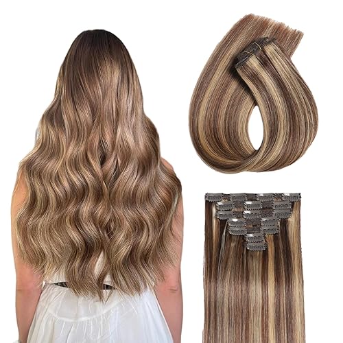 Extensiones de cabello humano real con pinzas, 18 pulgadas, 2.48 onzas, 7 unidades, color marrón chocolate a rubio caramelo, extensiones de cabello disponible en Yaxa Venezuela