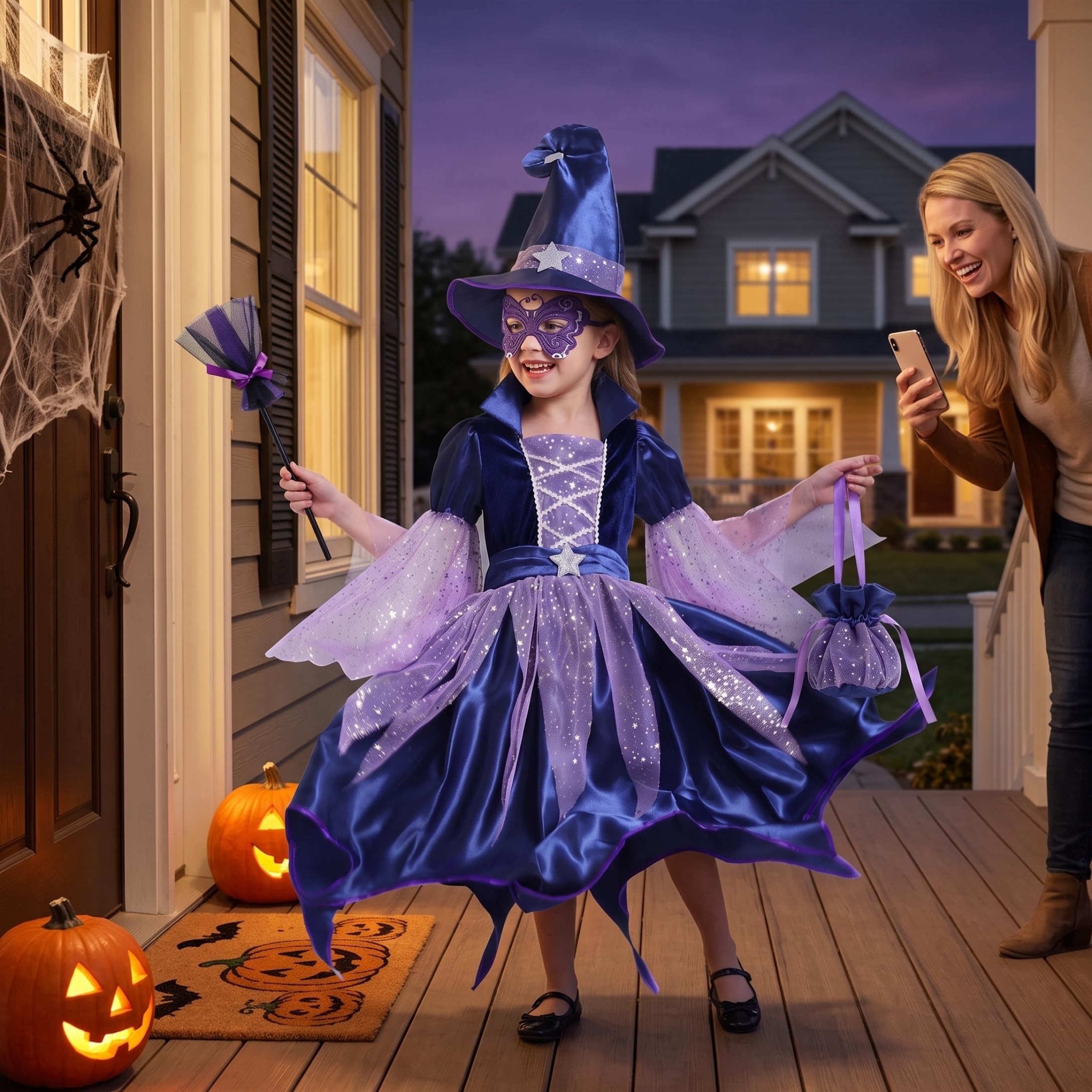 Costume da Strega per Bambini per Ragazza Costumi di Halloween in Velluto Glitterato con Rete, M