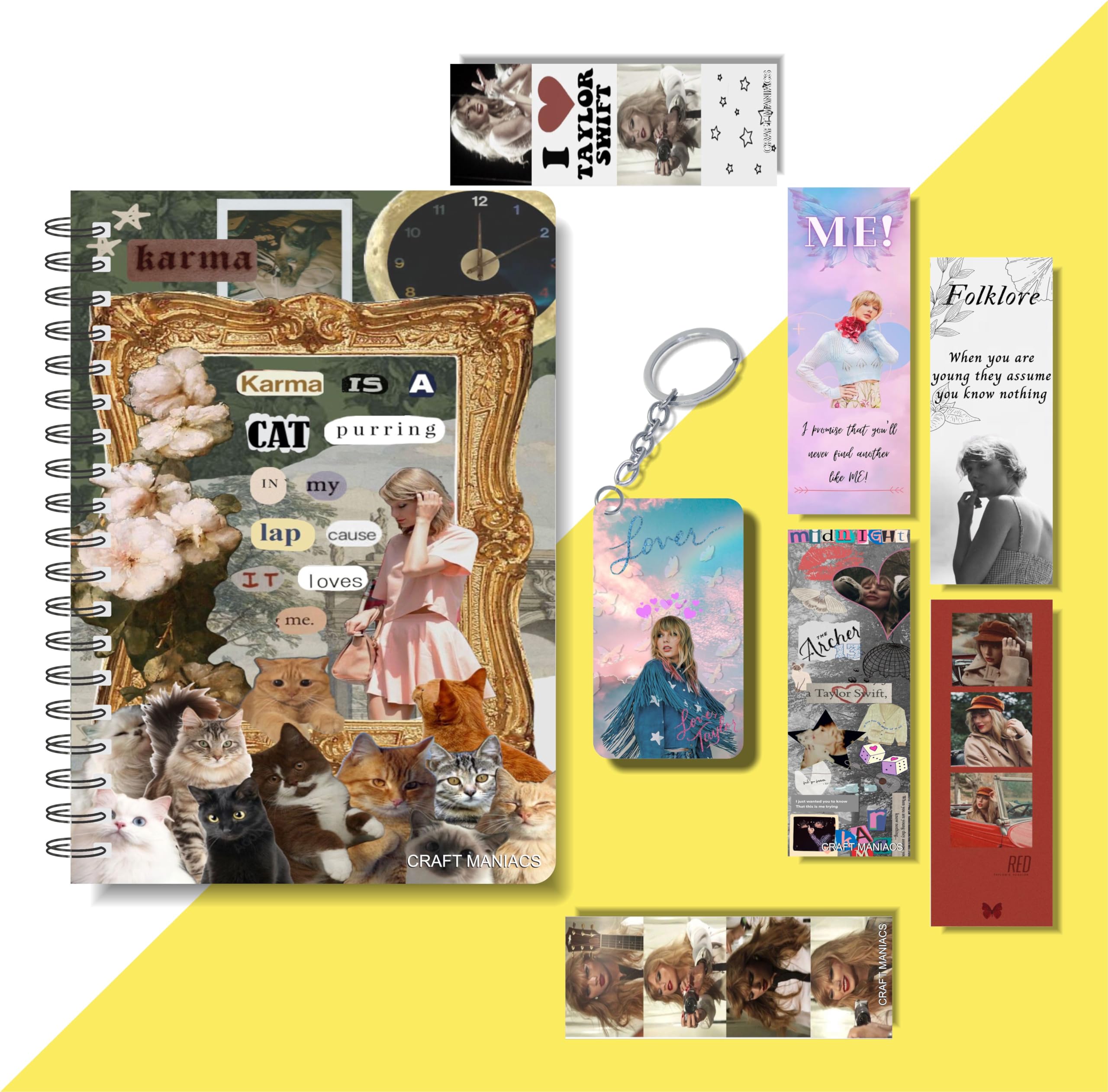 MACRO TAYLOR SE KARMA CAT PURRING A5 RULED DIARY WITH 6 FREEBIE BOOKMARKS & ONE KEYCHAIN