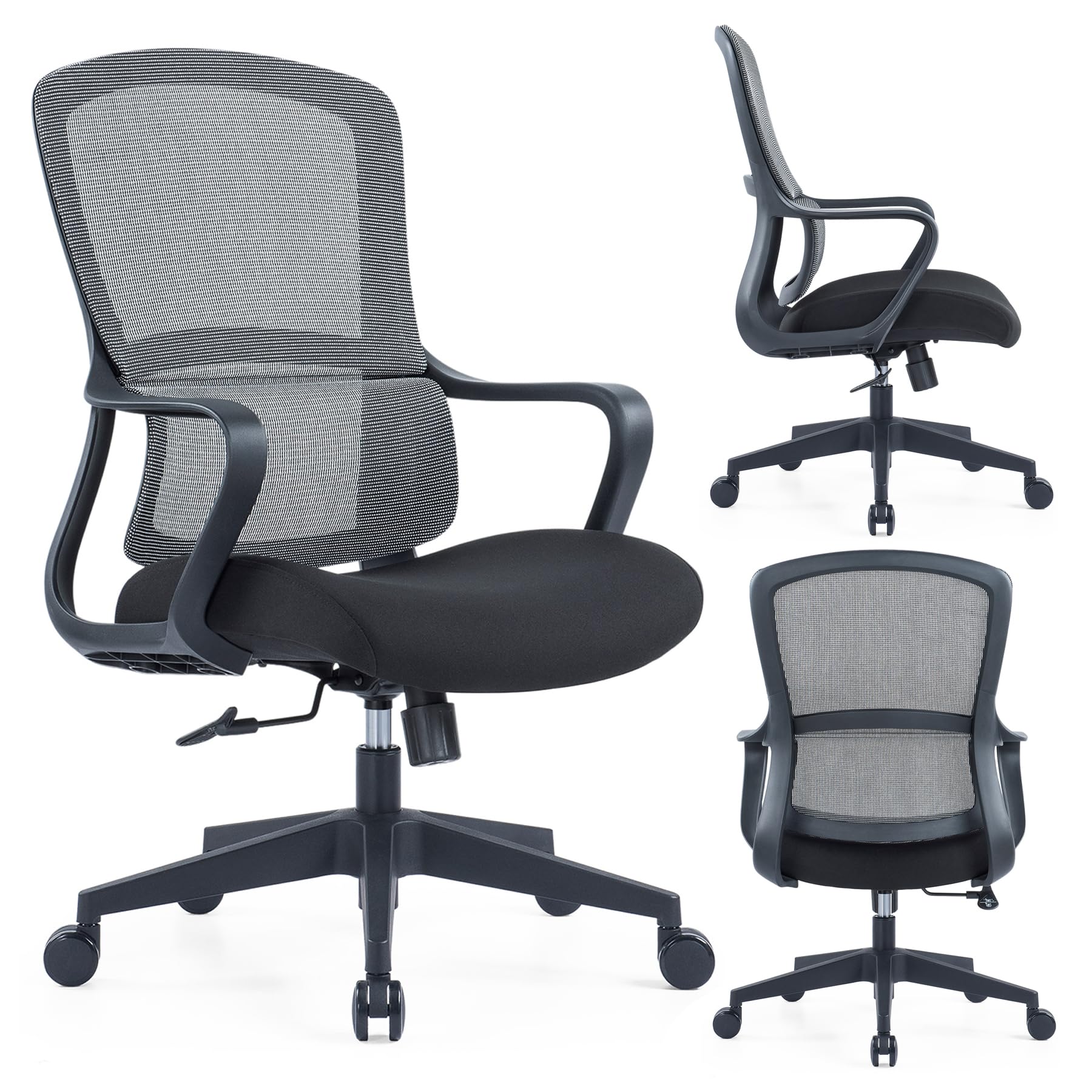 VOFFOV Ergonomic Mid-Back Office Chair, Desk Chair Rolling Swivel Mesh Task Chair with Wheels, Executive Chair Comfortable Lumbar Support and Armrests