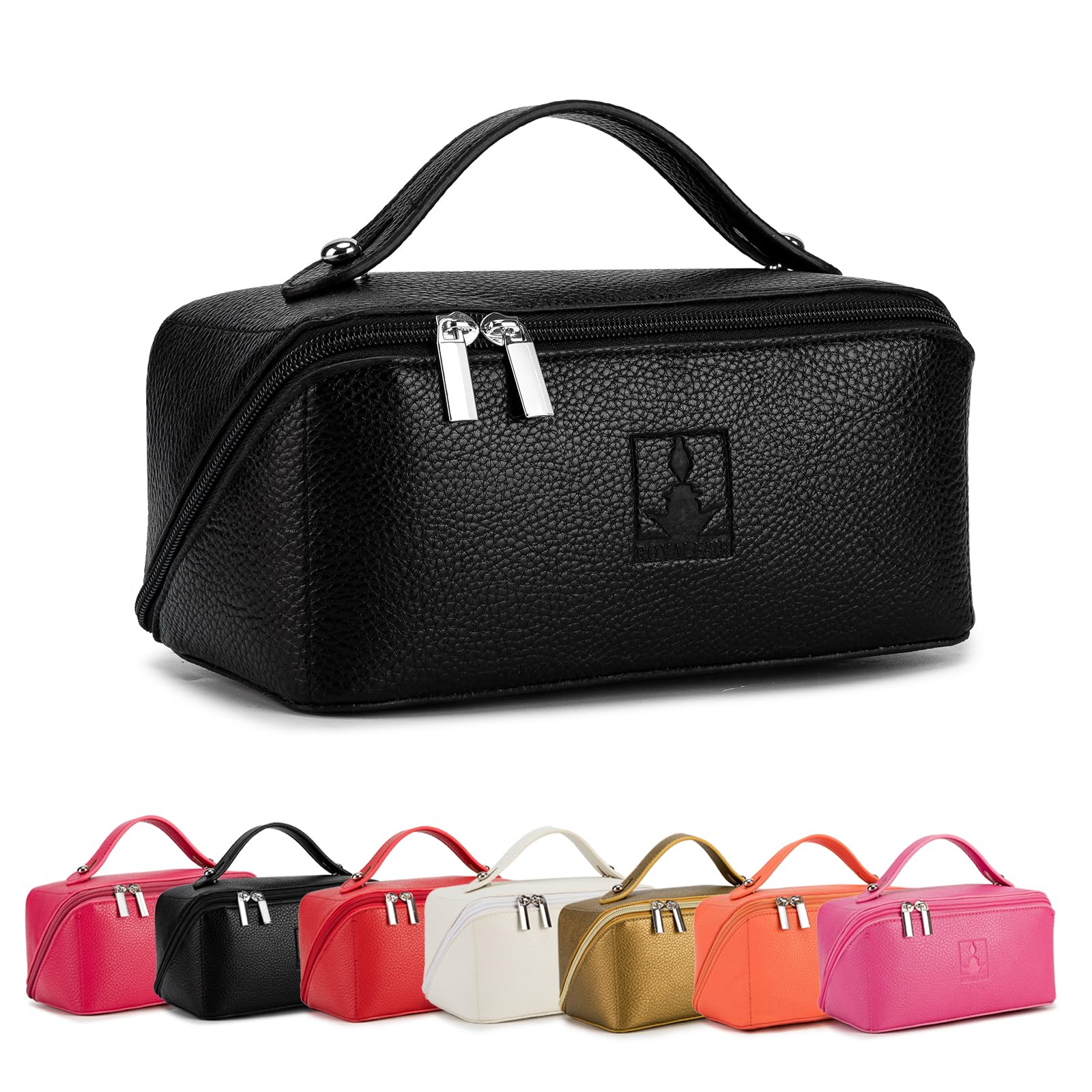 ROYALFAIR Travel Makeup Bag,Large Capacity Cosmetic Bags for Women, PU Leather Waterproof Portable Pouch Open Flat Toiletry Bag Make up Organizer with