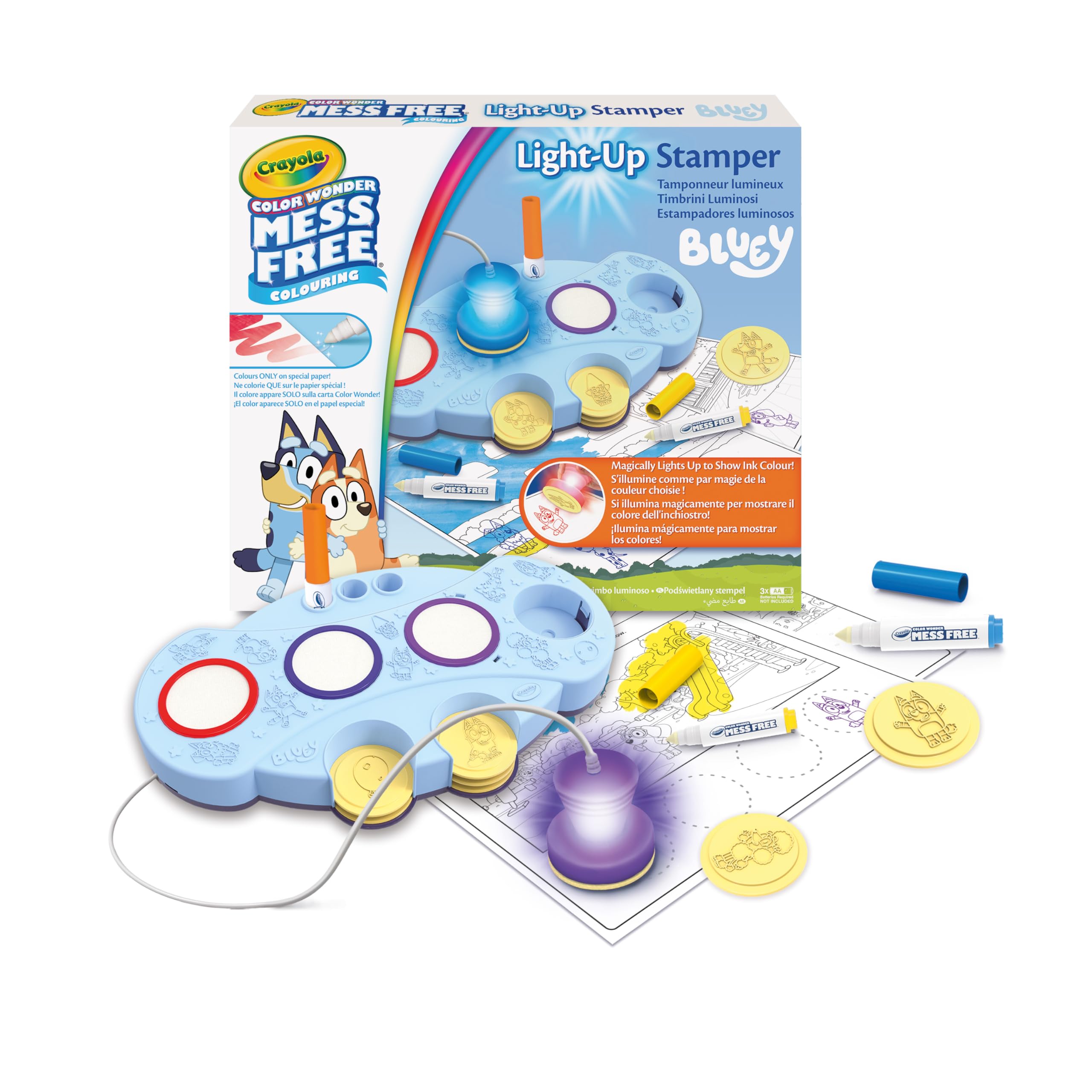 CRAYOLA Bluey Color Wonder Magic Light-Up Stamper | Includes 10 Bluey Stamps, 3 Markers, Stickers & 18 Colouring Pages | Magic Colouring Fun for Kids Ages 3+