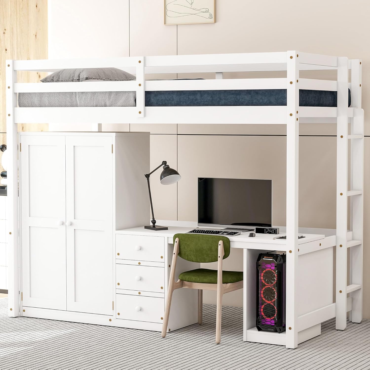 Brabrety Twin Loft Bed with Desk Setup
