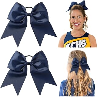 YLEN YHXX 2 PCS 8 Inch Cheer Hair Bows Large Cheer Bows Ponytail Holder Elastic Band Handmade Hair Accessories for Cheerleaders Teen Girls College Sports Outfit Uniform (Navy Blue)