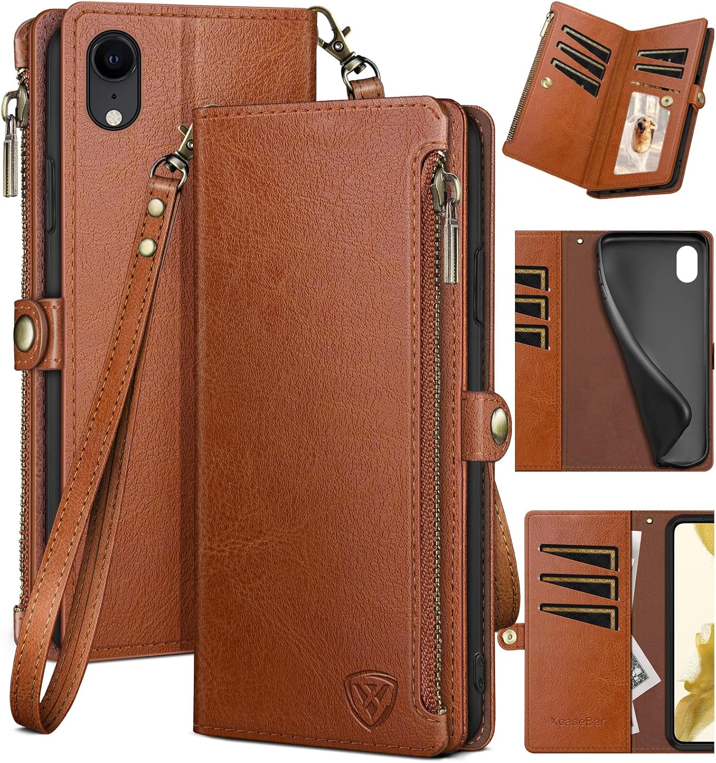 XcaseBar for iPhone XR 6.1" Wallet case with 【RFID Blocking】 Zipper Credit Card Holder, Flip Folio Book PU Leather Phone case Shockproof Cover Women Men for Apple XR case Light Brown