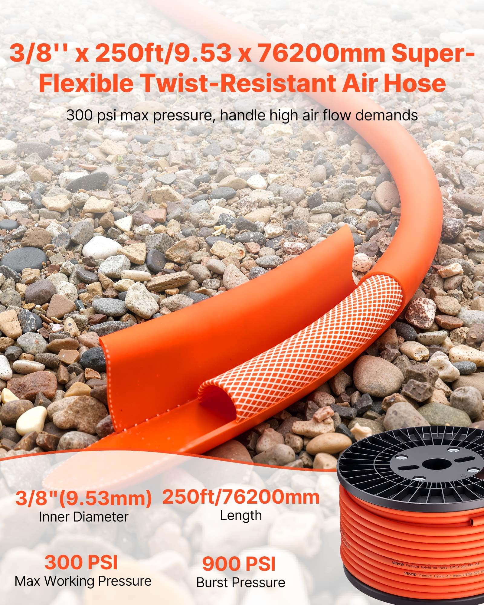 VEVOR Manguera de Aire Híbrida Flexible, 9,53 mm de Diámetro y 7620 cm de Longitud, Tubo Neumático de 20,68 bar con Material Híbrido de Tres Capas para Automóviles, Hogar y Construcción, Naranja