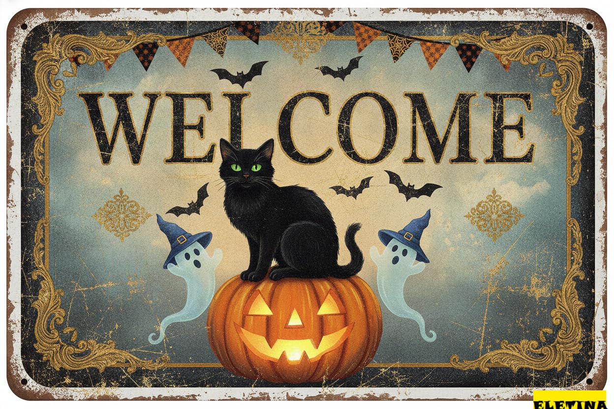 Halloween Pumpkin Cat Ghost Tin Sign, 8x12 Inch Decor