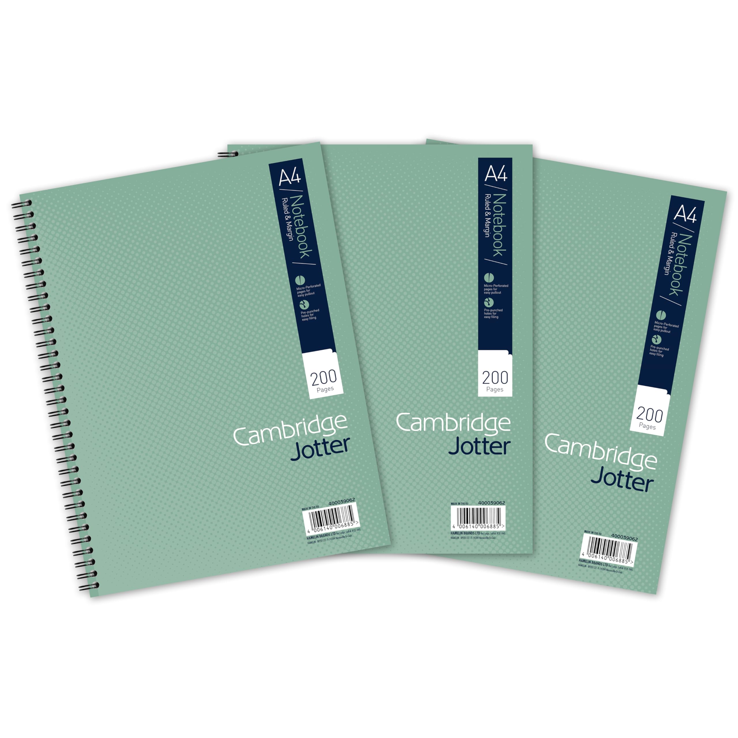 Cambridge Jotter A4 Notebook, Wirebound, 8 mm Lined with Margin, 200 Pages, 80gsm, Pack of 3 Notepads, Perforated Edges