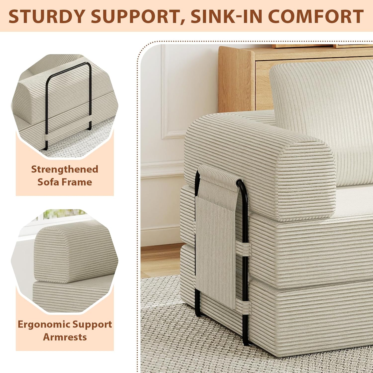 All-in-1 Folding Convertible Sofa Bed, Boneless Futon Floor Couch Corduroy Fold Out Modular Lounge Comfy Loveseat Sleeper Lazy Cama for Living Room Bedroom Guestroom, Beige（Narrow Stripes）
