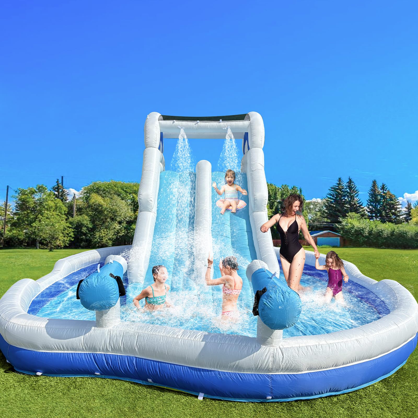 Photo 1 of Inflatable Double Water Slide-17.7FT?L? Large Climber Inflatable Water Park for Big Kids 5-10-Huge Splash Pool-Easy to Set Up & Inflate with Air Blower,Carrying Case,Water Pipe,Storage Bag-Bule