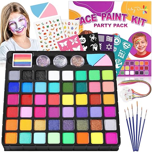 Miniatura 37 de Maydear Kit de pintura facial para niños, paleta de maquillaje a base de agua de 20 colores con plantillas, purpurina, pastel dividido de arcoíris
